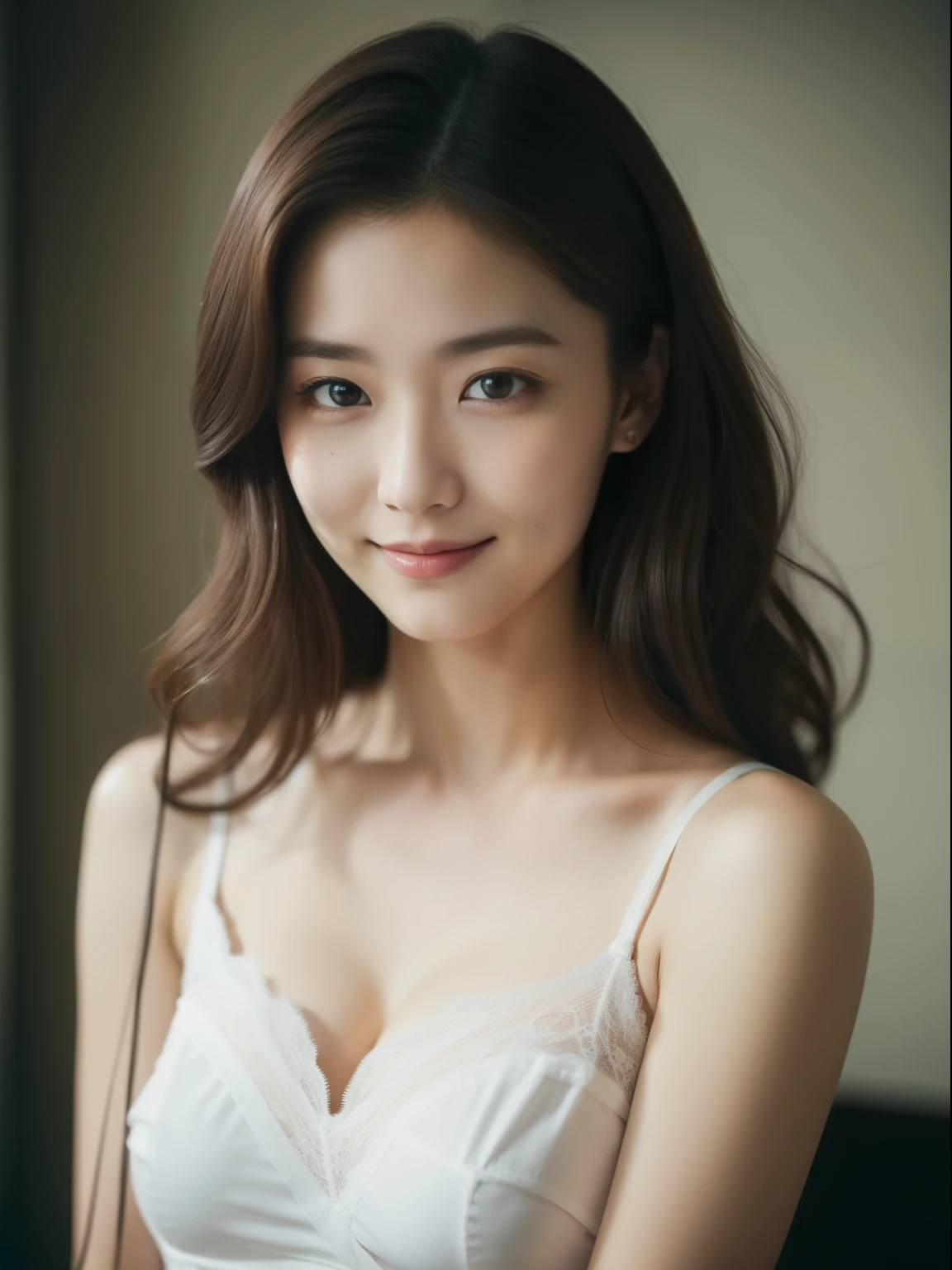 beautiful 25 year old woman。She is wearing a tight camisole of white satin fabric。White lace on chest and hem.。sweet smile。her dark brown hair、、her hair is long and curly。she has one hand on her chest. High resolution、masterpiece、highest quality、head w:1.4、((Hasselblad Photos))、fine skin、fine knit、(movie lighting)、clavicle