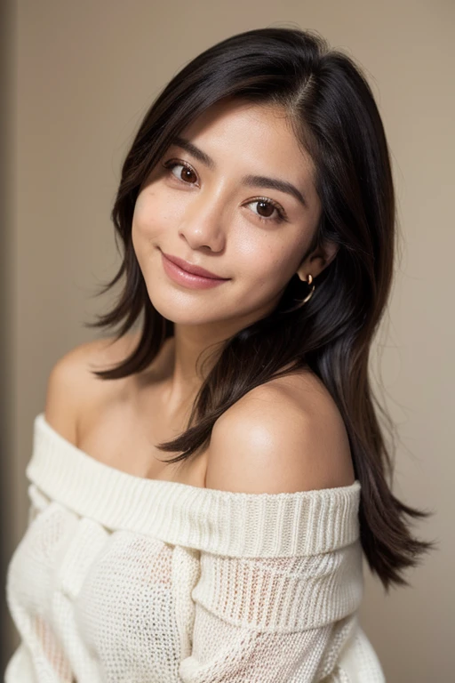 ((Mejor calidad)), ((obra maestra)), (detallado), cara perfecta, mandy kay, sonriente, off-shoulder sweater, cabello corto, 25 years old, mirada seductora, hermosa, sexy
