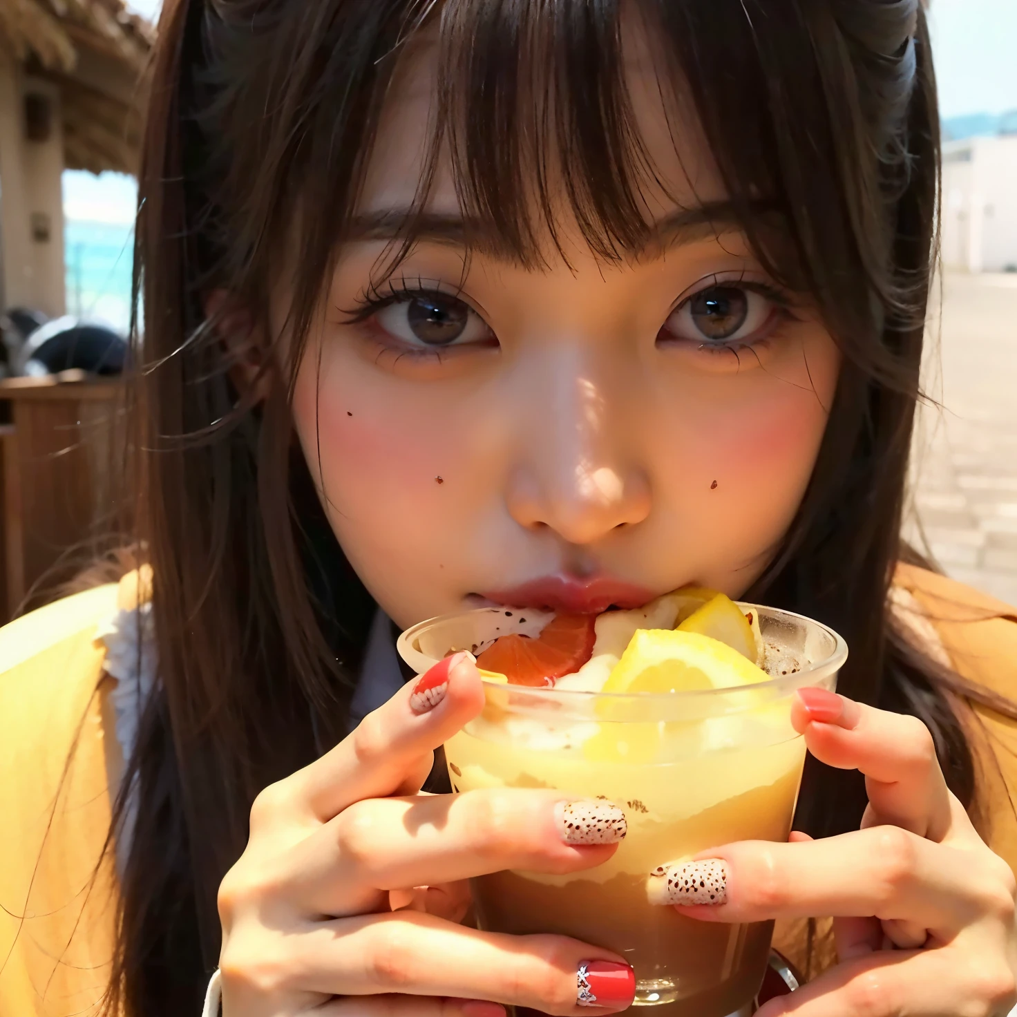 there is a woman eating a sandwich with a drink in her hand, Bela Delfina, dilraba dilmurat, Kimi Takemura, Yoshitomo Nara, por Ayami Kojima, chiho, shikami, deayami kojima, Ayami Kojima Amano, o corte Hime, Sakimi Chan, Chove