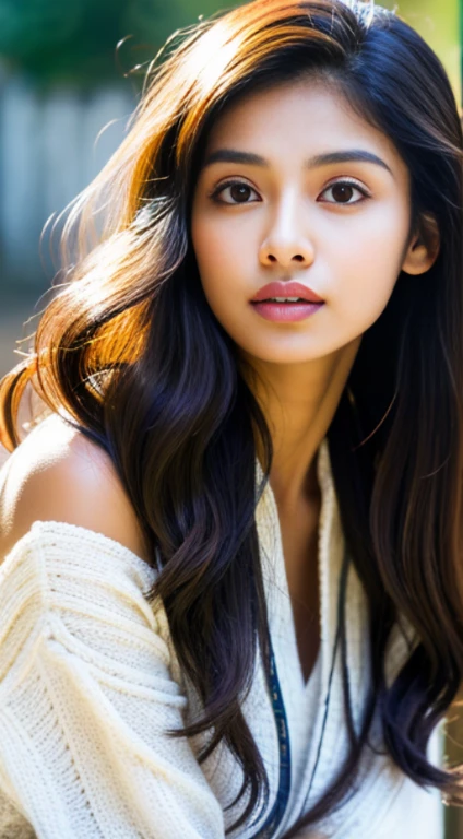 Home page Cyberpub Studio Create. encountered a 22-year-old Indian girl with an enchanting face, raw and beautiful, semi-open strawberry lips, a dimple, and a lovely expression. Her long, wavy brown hair cascaded down her shoulders in intricate waves. The detailed portrait was taken using a Canon EOS R5 with a 50mm lens, f/1.8, HDR, and 8k resolution, showcasing the woman's incredibly detailed facial features and skin with a paleness reminiscent of a village environment bathed in cool colors. The raw photography was crisp and sharp, with rich hues captured by the DSLR camera