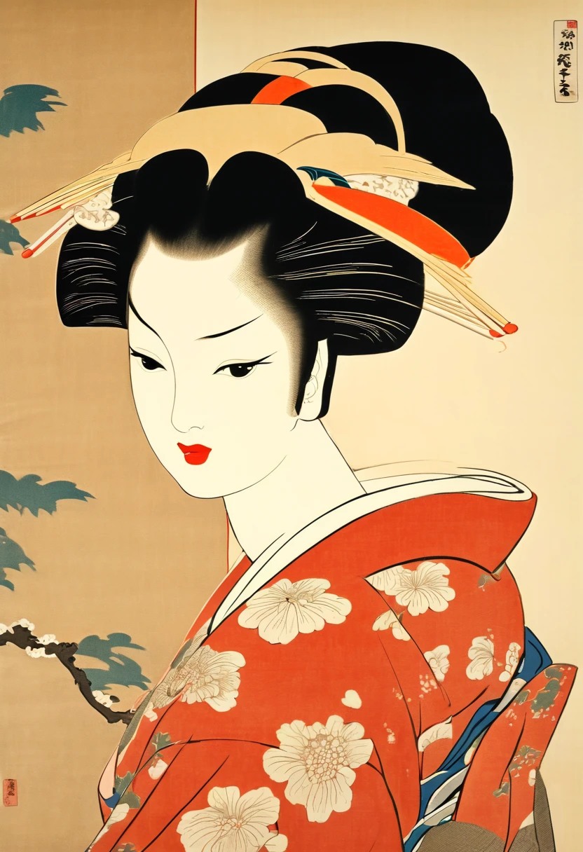 Beautiful Ukiyo-e beauty standing in a kimono,Moronobu Hishikawa&#39;s portrait of a beautiful woman