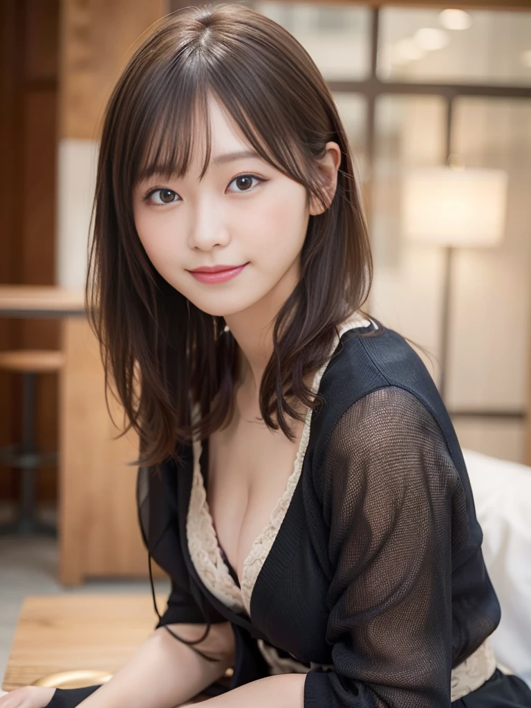 NFSW,In 8K,highest quality:1.4, Super high resolution:1.5, (realistic:1.4),masterpiece:1.2,(highest quality:1.4)、 RAW photo、 (background is blurry),  1 japanese girl, cute, (alone:1.4), (shy smile), smooth skin、 (brown medium hair,bangs),Nogizaka,supple fingertips,beautiful black eyes、dual、natural skin texture:1.3, Realistic eye and face details:1.7、medium breasts、daytime、tight buttocks:1.5、look at the viewer,(fine eyes:1.1)、cute、Thighs are visible、sitting、chest is visible