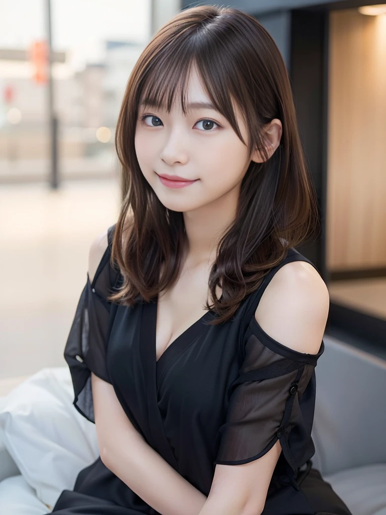 NFSW,In 8K,highest quality:1.4, Super high resolution:1.5, (realistic:1.4),masterpiece:1.2,(highest quality:1.4)、 RAW photo、 (background is blurry), 1 japanese girl, cute, (alone:1.4), (shy smile), smooth skin、 (brown medium hair,bangs),Nogizaka,supple fingertips,beautiful black eyes、dual、natural skin texture:1.3, Realistic eye and face details:1.7、medium breasts、daytime、tight buttocks:1.5、look at the viewer,(fine eyes:1.1)、cute、Thighs are visible、sitting、chest is visible