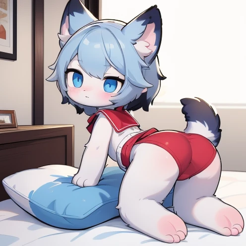 (best quality,highres),boy, furry, raised butt, kneeling on the bed, being spanked by sister, embarrassed, looking back, butt facing outside, two people, paws, furry body, hands on the butt,furry tail and ears,big eyes small nose,正在被打屁股