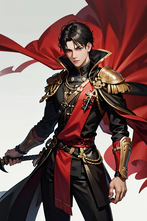 male with black hair black eyes slim body with black sword with red desing with moden cloth in close