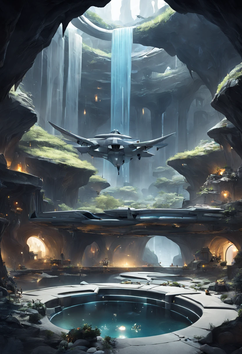 地下cave樓梯.There is a leisure space,Located in a room with waterfall, fantasy setting, Luxurious environment, 地下cave环境, In a futuristic desert palace, 美丽的奇幻cave场景, futuristic setting, A cozy space hidden in a cave,Surreal sci-fi set design with various leisure appliances, Inside a cave, Beautiful aesthetic design, star wars setting, cave, Inside a cave, cave镇, cave环境照明