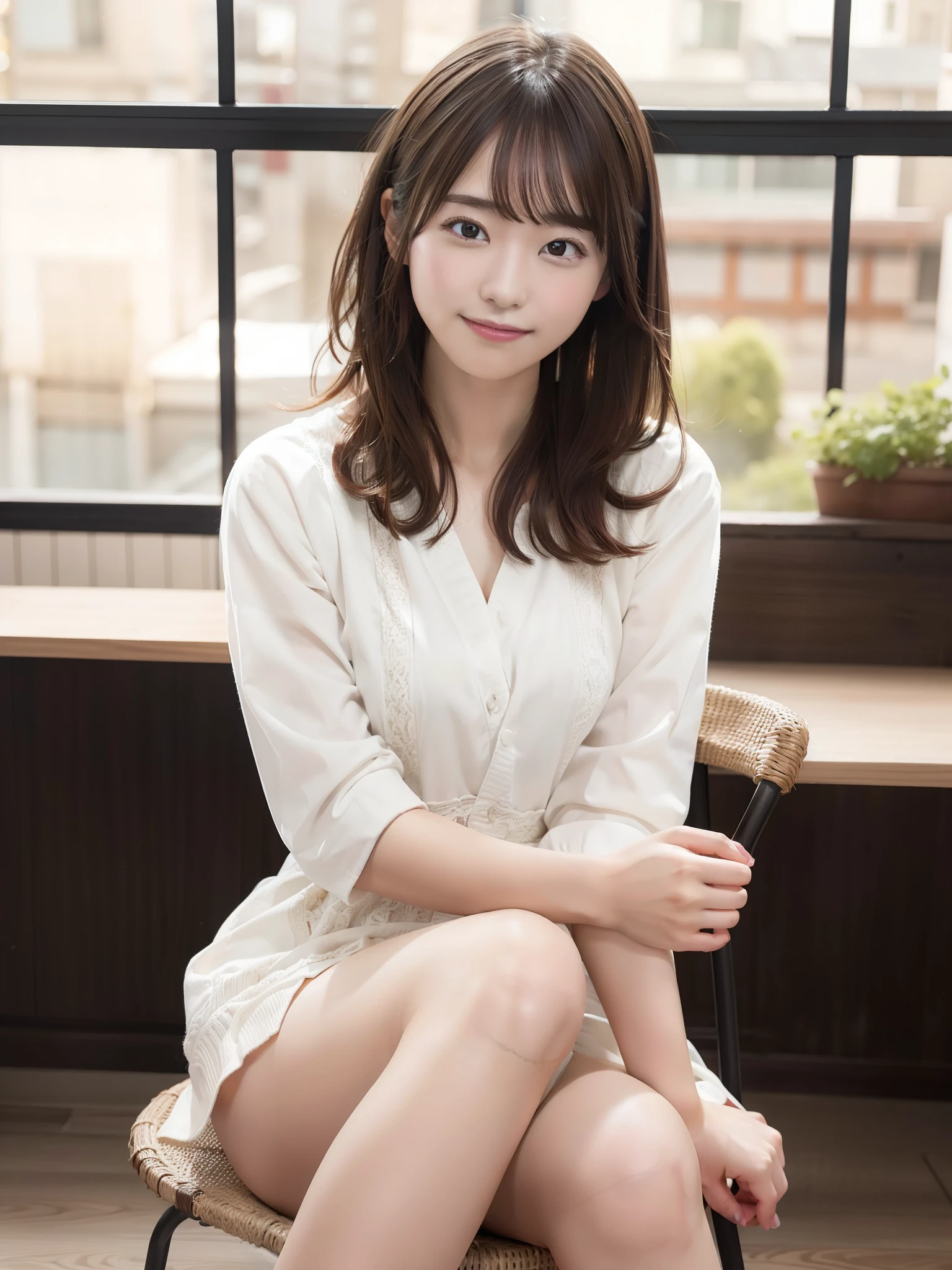 NFSW,In 8K,highest quality:1.4, Super high resolution:1.5, (realistic:1.4),masterpiece:1.2,(highest quality:1.4)、 RAW photo、 (background is blurry),  1 japanese girl, cute, (alone:1.4), (shy smile), smooth skin、 (brown medium hair,bangs),Nogizaka,supple fingertips,beautiful black eyes、dual、natural skin texture:1.3, Realistic eye and face details:1.7、medium breasts、daytime、tight buttocks:1.5、look at the viewer,(fine eyes:1.1)、cute、Thighs are visible、Sitting on a chair with legs crossed、Village maiden