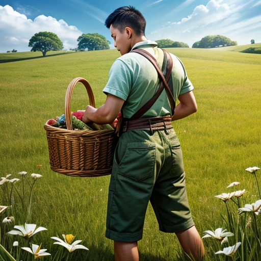  High resolution, Super detailed, masterpiece, highest quality,oriental、Thrift、boy working in the field、grassland、back basket、Front-facing、game poster、