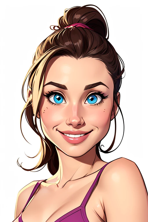 A beautiful ch3rylt woman, 1girl,solo,breasts,looking at viewer,smile,bangs,blue eyes,simple background,blonde hair,bare shoulders,jewelry,upper body,teeth,medium hair,necklace,grin,from side,dark-skinned female,looking to the side,blue background,sunglasses,tank top,eyewear on head,freckles,realistic,soft lighting, professional Photography, Photorealistic, detailed, RAW, analog, sharp focus, 8k, HD, high quality, masterpiece<lora:ch3rylt:1.0>