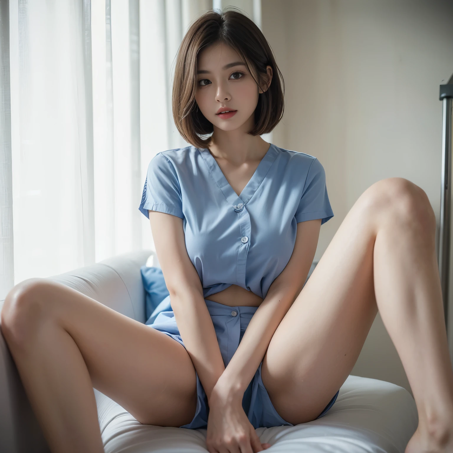 ((Best quality, 8k, Masterpiece :1.3)), pretty gravure model, 1girl, full body, slender abs :1.1, dark brown hair, bob cut, (Sitting with Knees Up on hospital room ,spread legs), (large breasts, Nurse’s Uniform), ultra-detailed face, highly detailed lips, detailed eyes, double eyelid