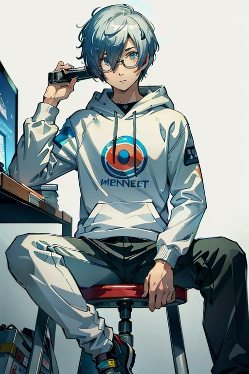 (masterpiece, best quality:1.3) 
Persona3MakotoYuki, 1boy, solo, confused, gamers, playing games, headset, mobile phone, system, white hair, Aquamarine eyes, medium haircut, hoodie, glasses, sleepy eyes, lazy, gaming set up, no background, white hoodie