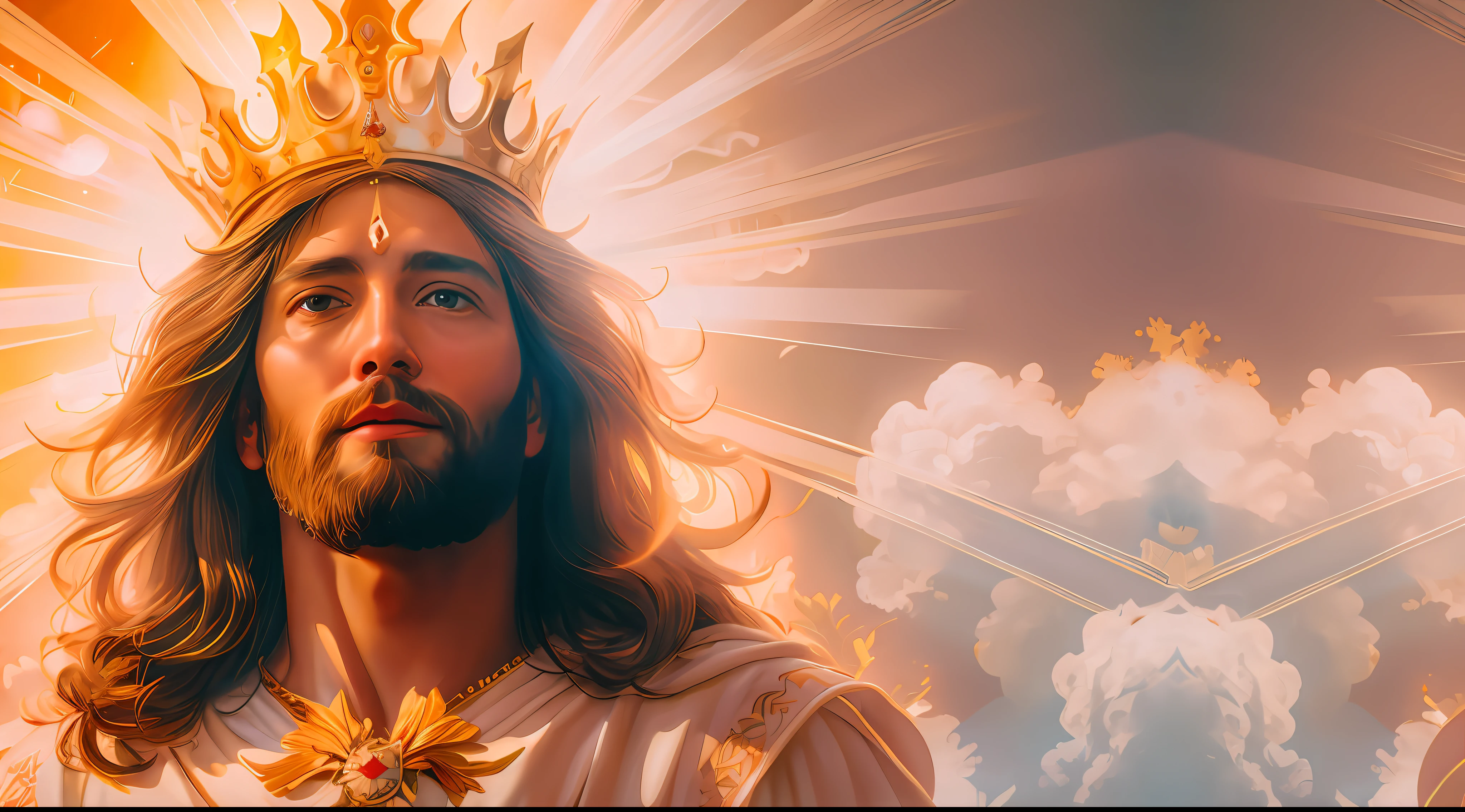 Image of a man with a crown on his head, glowing halo above his head, Rei dos Reis, Luz majestosa, muitas coroas!! upon his head, Luz gloriosa, Raios de Luz Sagrada Sagrada, Obra-prima da luz brilhante, deus raios solares, imagens sagradas, Directed by: Adam Marczyński, Retrato de um Deus Celestial, irradiando luz dourada