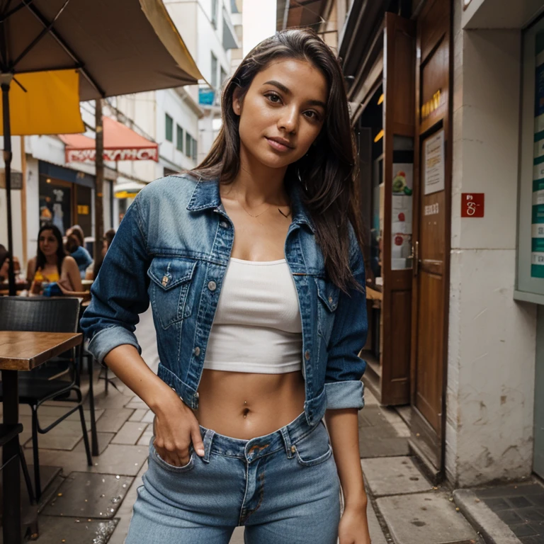Modelo brasileira, friendly about 20 years, sorrir, academia, mesa, lunch, sobremesa, comendo, MEAL, coffee shop, Outside, Rua, Rua outfit, roupas casuais chuva, cabelo molhado, guarda chuva, water, nuvem, nublado, Denim Jeans Pants, jaqueta preta