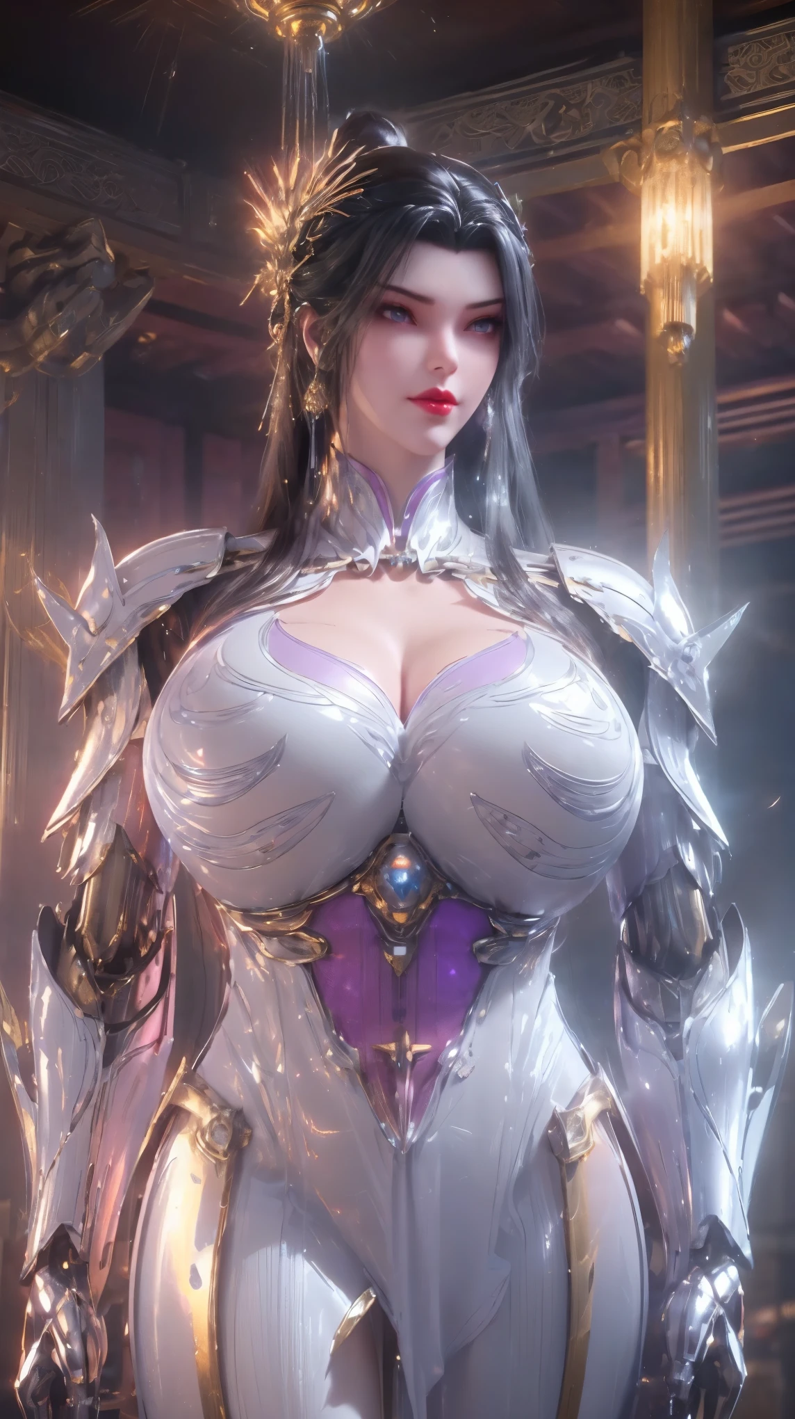 PORTRAIT,UPPER BODY,SOLO,(BEAUTY SHINY HAIR,PHOENIX GOLD HELM), (GIGANTIC FAKE BREAST,CLEAVAGE,MUSCLE ABS:1.5), (PURPLE and WHITE MECHA SHINY FUTURISTIC MECHA SKINTIGHT QIPAO ARMORED SET:1.5),(SLENDER BODY MATURE WOMAN:1.5), (SWEATY SHINY BUSTY BODY:1.5), (LOOKING AT VIEWER:1.3),(HALLROOM OF FUTURISTIC SPACE STATION:1), (PHOTOREALSITIC:1.4), (ULTRA-DETAILLIERT), (TOP-QUALITY), (BEST SHADOWS), (​MASTERPIECE), BRIGHT LIGHT IN ROOM, HYPER TEXTURE, (4X MSAA), ((UNREAL ENGINE 5 RENDER)), PHYSICALLY-BASED RENDERING, ULTRA HIGHT DEFINITION, 16K, 1080P.