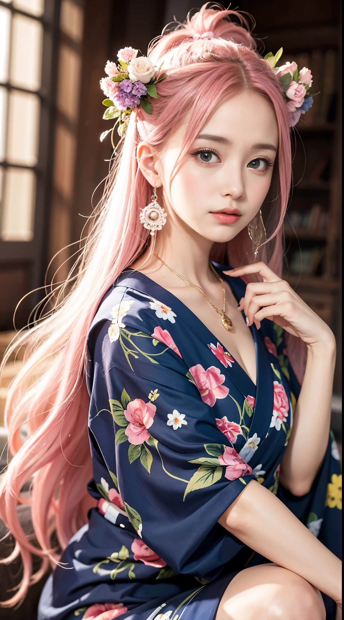 masterpiece, highest quality,Raks BK, 1 girl, alone, long hair, pink hair, very long hair, blue eyes, hair ornaments, kimono, removed sleeve