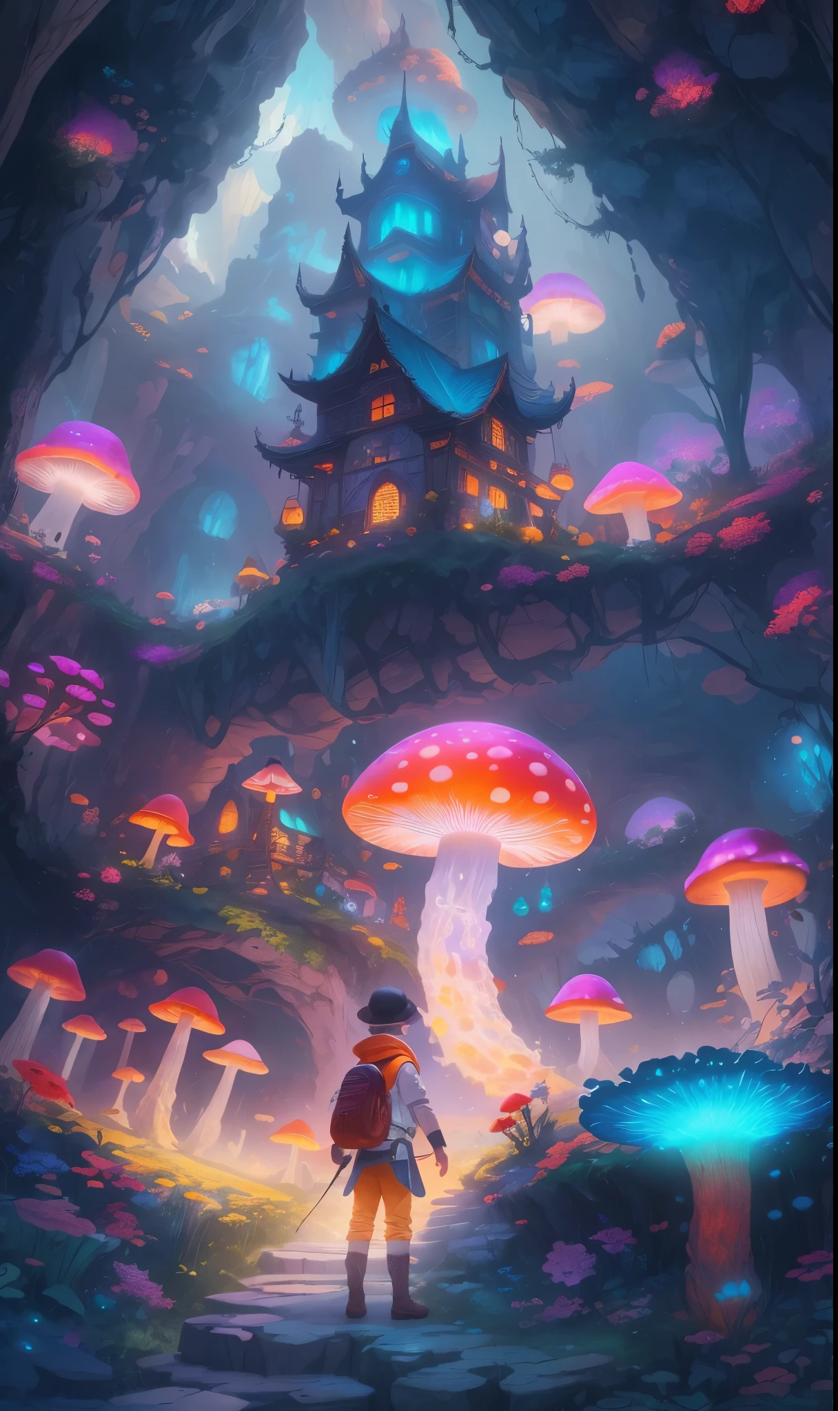 Super detailed，4K，8K，high resolution，masterpiece。a boy，in underground wonders，Discover glowing mushrooms and stalactite crystals，Fantasy colors all around，He is in a mysterious and adventurous mood，Explore this dreamy place，Feel the wonder of the underground world。