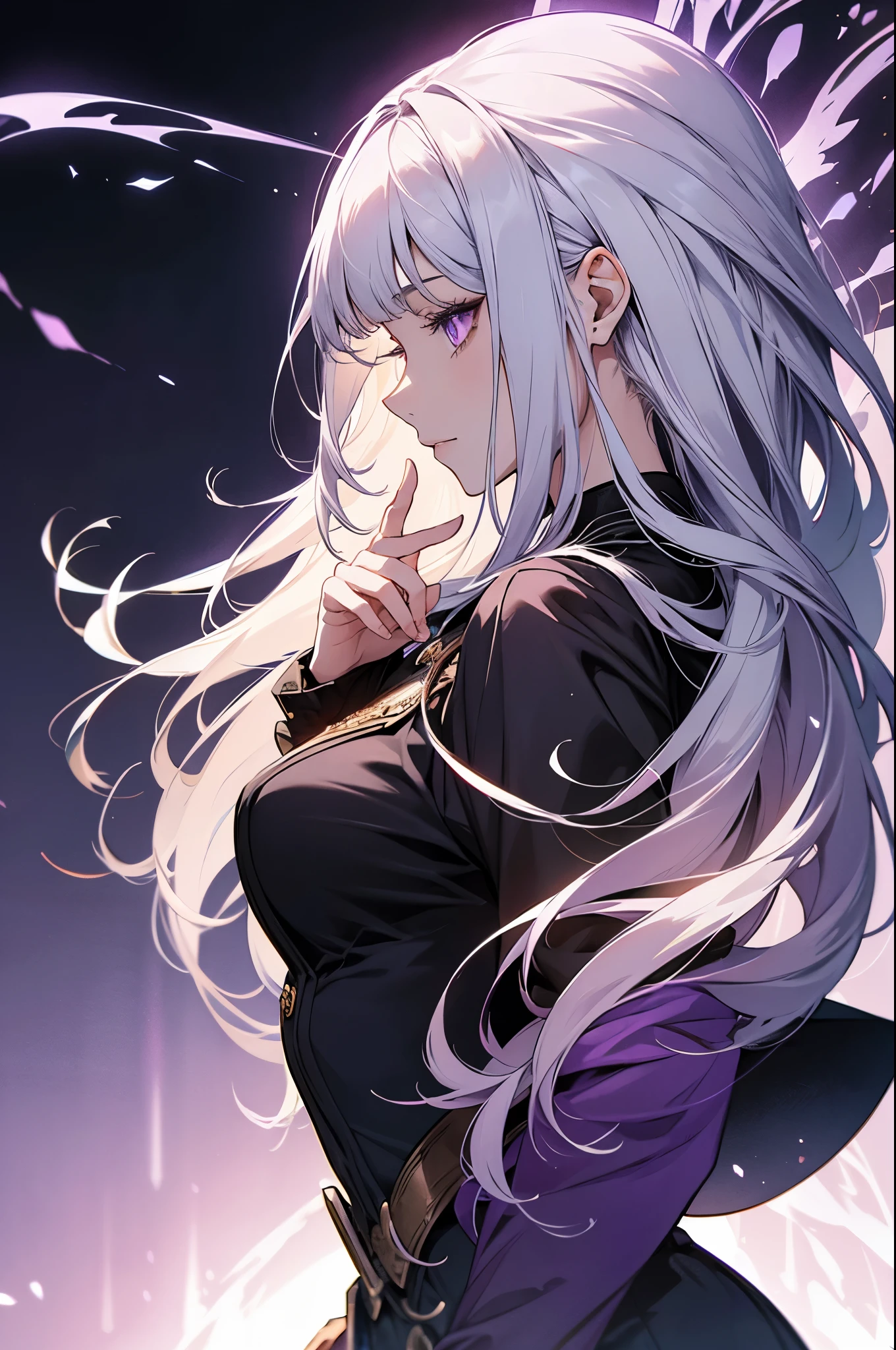 Female, beautiful long silver hair with bangs, purple eyes, adult face, adult, cute face, warrior, bewitching, fantasy, magician, profile, full body