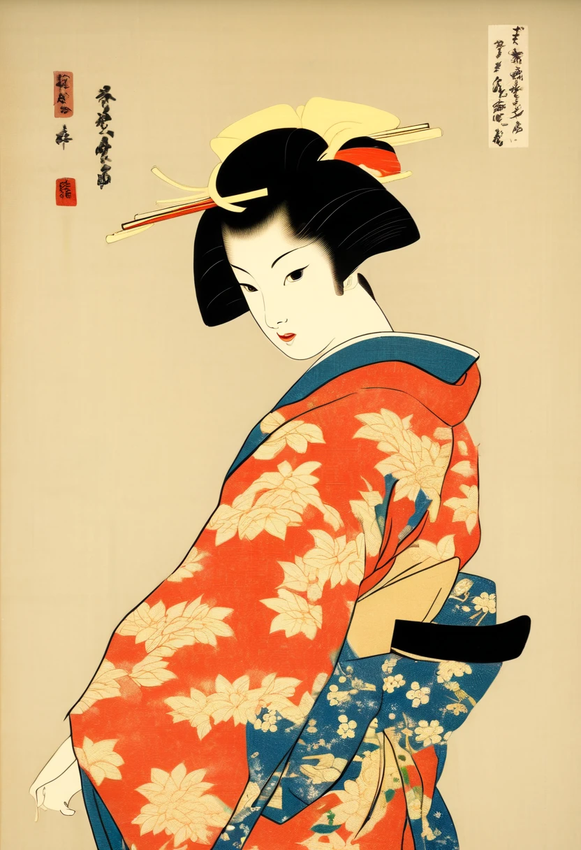 A beautiful woman wearing a standing kimono,Ukiyo-e beauty