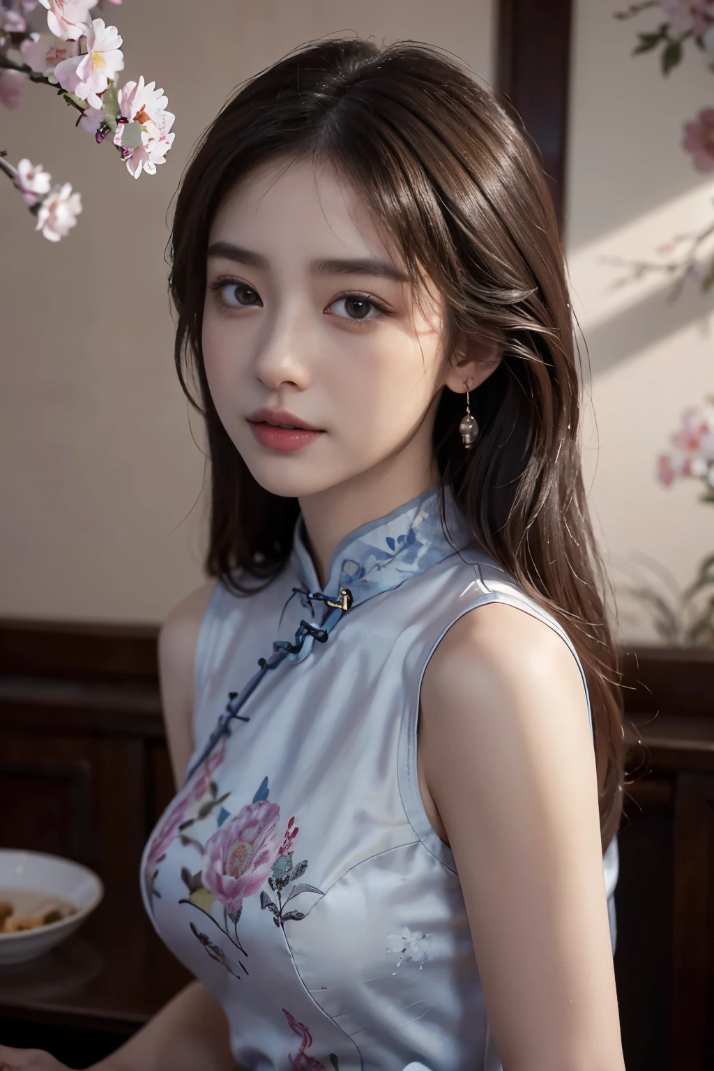A delicate beautiful girl，goddes，Fairy air fluttering，beautidful eyes，Charming eyes，Moisturized lips，Milk tea gray dumplings long hair，（ssmile：1.3），Detailed portrayal of the face，The expression described in detail，Detailed depiction of facial features，Master masterpieces，finedetail，Describe the role in detail，Detailed depiction of hair，Carefully depicted sexy body，The body is bumpy，Detailed depiction of hands，Clothes depicted in detail，Detailed portrayal of the face，s the perfect face，（Finely depicted hands，4 fingers with one thumb：1.3），orthofacial，choker necklace，lipsticks，eardrop，，Three-quarters photo，Works of masters，Infinitely close to reality，（fully body photo：1.3），Highest image quality，best qualityer，infinite details，8K分辨率，(((Beautifully patterned embroidered cheongsam 1.3)))，(((on cheongsam)))，(the cherry trees)