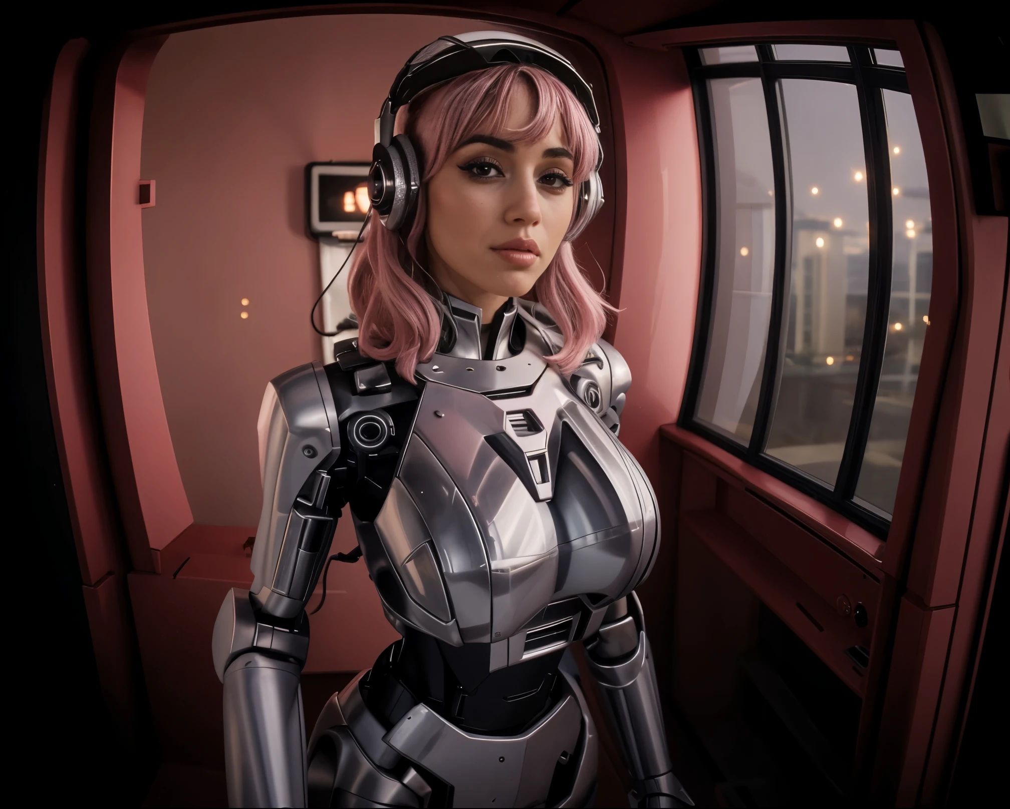 fisheye view, door fisheye pov, grand angular, ana de armas as your cosplayer girlfriend, using a robot suit, larger breasts, ana de armas, silver suit, crhome shinny skin, mechanical joints, medium straight hair, pink pastel hair, blunt bangs , parted lips , mecha musume, futuristic headset, stand up, await comands position, condo corridor, window on the left side, elevator door on background, thicc body, small height