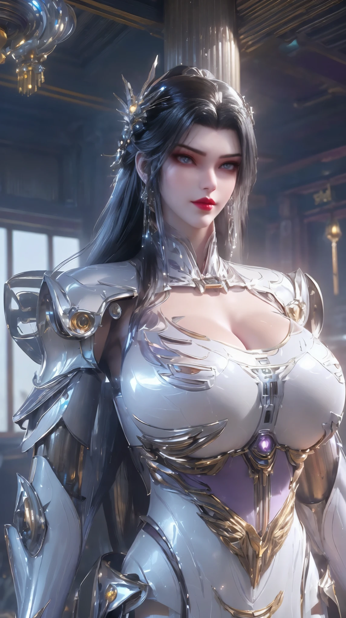 PORTRAIT,UPPER BODY,SOLO,(BEAUTY SHINY HAIR,PHOENIX GOLD HELM), (GIGANTIC FAKE BREAST,CLEAVAGE,MUSCLE ABS:1.5), (PURPLE and WHITE MECHA SHINY FUTURISTIC MECHA SKINTIGHT QIPAO ARMORED SET:1.5),(SLENDER BODY MATURE WOMAN:1.5), (SWEATY SHINY BUSTY BODY:1.5), (LOOKING AT VIEWER:1.3),(HALLROOM OF FUTURISTIC SPACE STATION:1), (PHOTOREALSITIC:1.4), (ULTRA-DETAILLIERT), (TOP-QUALITY), (BEST SHADOWS), (MASTERPIECE), BRIGHT LIGHT IN ROOM, HYPER TEXTURE, (4X MSAA), ((UNREAL ENGINE 5 RENDER)), PHYSICALLY-BASED RENDERING, ULTRA HIGHT DEFINITION, 16K, 1080P.