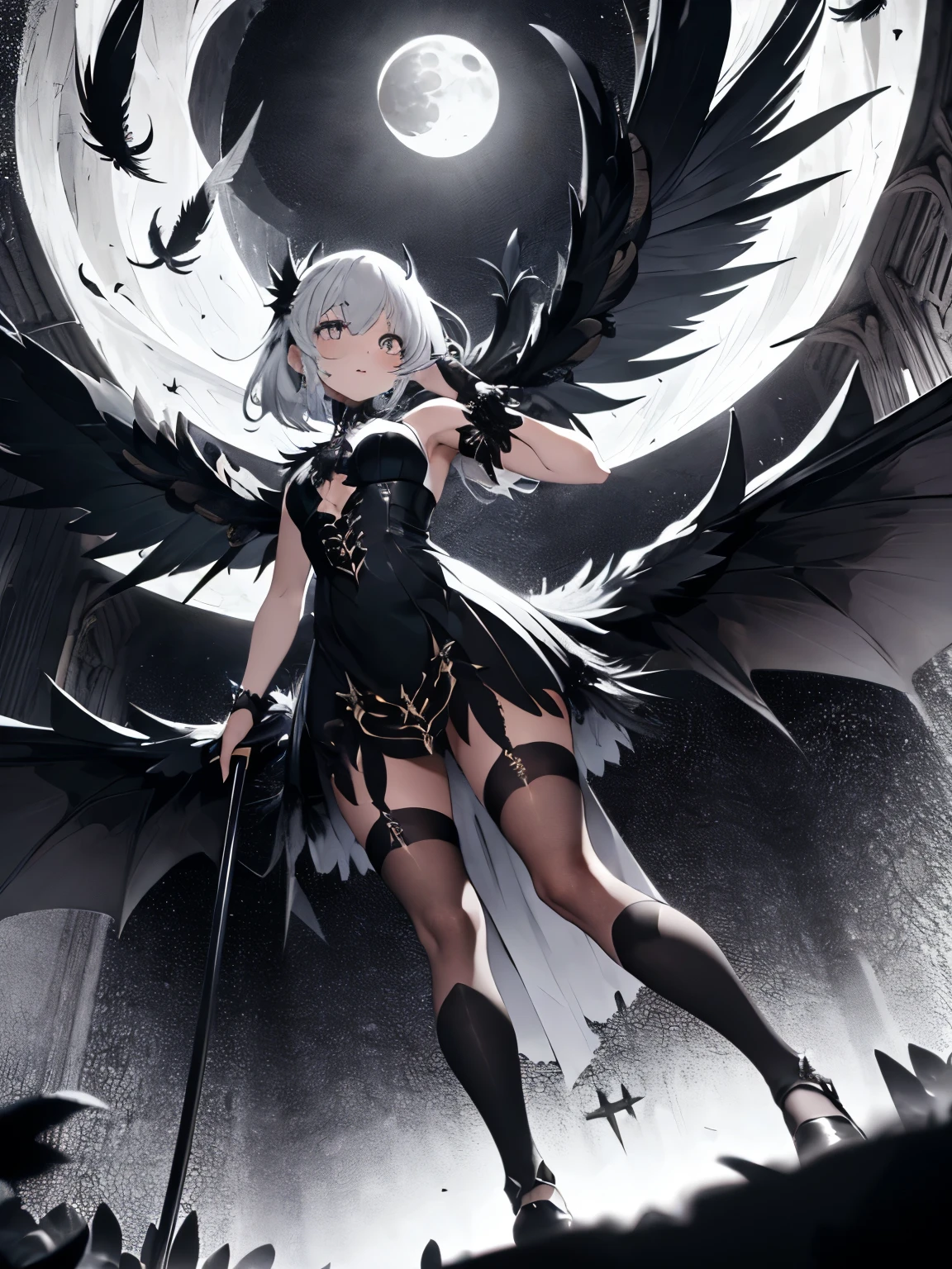 (fallen Angel),(A luxurious church with a majestic atmosphere:1.25),(A large amount of black feathers are flying:1.3),(Spread your wings and stand in the center:1.25),(perspective from below:1.3),(influence),(moonlight shines in:1.5),(black and white:1.4),(Deathscythe:1.5)