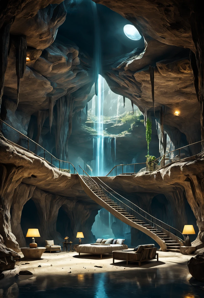 地下cave樓梯.Have a leisure space，Room with waterfall, fantasy setting, Luxurious environment, 地下cave环境, In a futuristic desert palace, 美丽的奇幻cave场景, futuristic setting, A cozy space hidden in a cave,Surreal sci-fi set design and various leisure equipment, Inside a cave, Beautiful aesthetic design, star wars setting, cave, Inside a cave, cave镇, cave环境照明