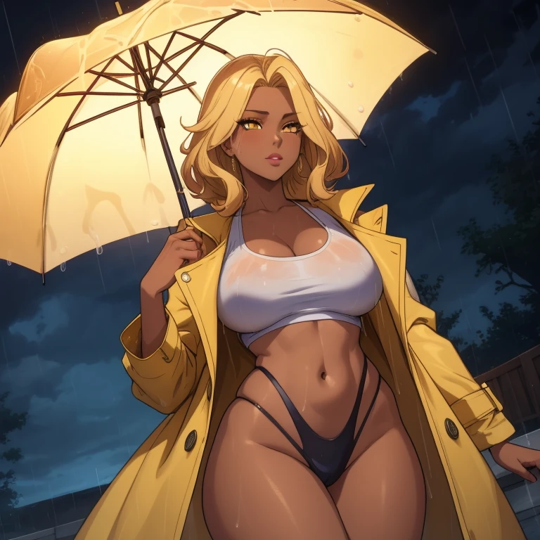 masterpiece, detailed, beautiful, 1girl, female, milf, skin, dark-skinned female, blonde hair, gold eyes, yellow rain coat, rain, umbrella
