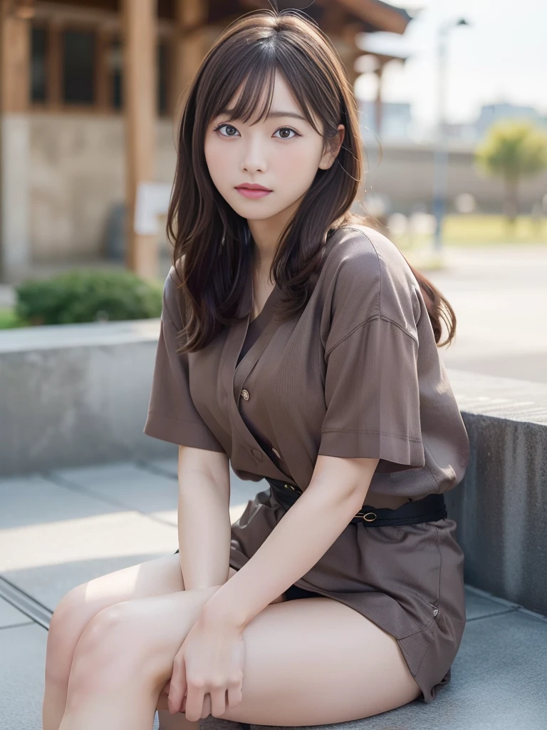 NFSW,In 8K,highest quality:1.4, Super high resolution:1.5, (realistic:1.4),masterpiece:1.2,(highest quality:1.4)、 RAW photo、 (background is blurry),  1 japanese girl, cute, (alone:1.4), (Melancholy look), smooth skin、 (brown medium hair,bangs),Nogizaka,supple fingertips,beautiful black eyes、dual、natural skin texture:1.3, Realistic eye and face details:1.7、medium breasts、daytime、tight buttocks:1.5、look at the viewer,(fine eyes:1.1)、cute、Thighs are visible、Sitting with legs open、chest is visible
