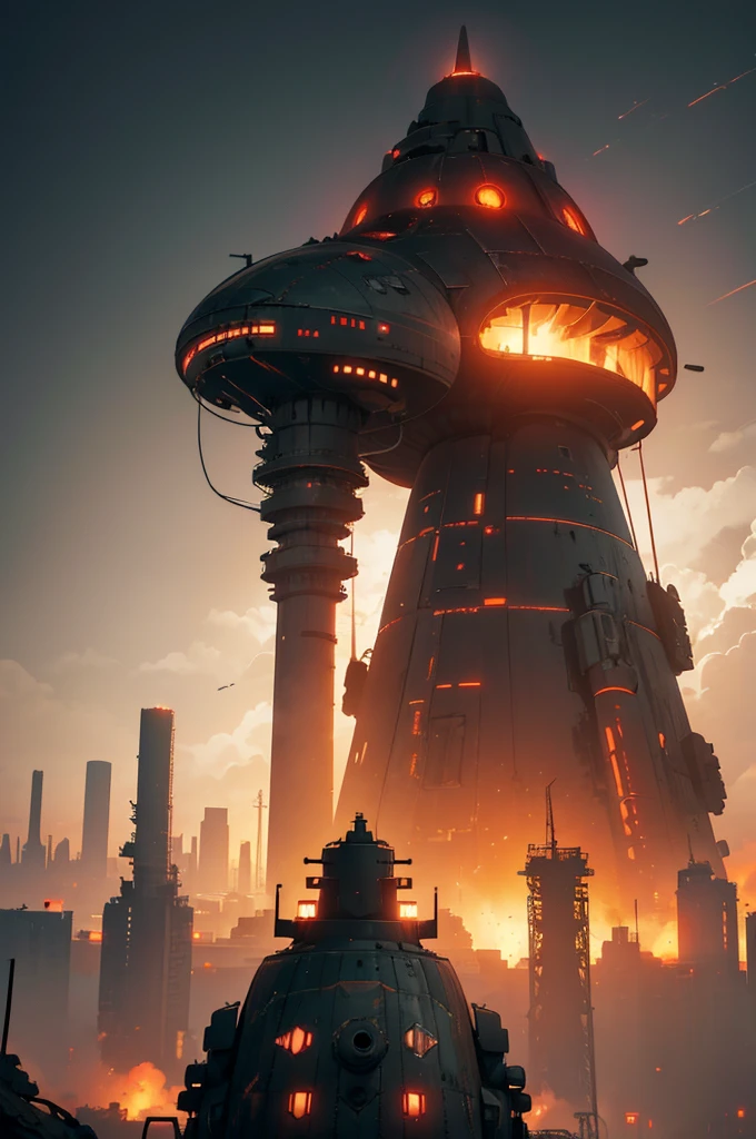 A wasteland-style spaceship，Explode in the air，The engine smoked black，The ship is surrounded by a group of small red wasteland-style aircraft，The background is an abandoned city，Towering industrial towers are everywhere and there is some withered vegetation，The storm swept through，Mist light，Low saturation，Lens type，Unreal Engine，trending on artstation