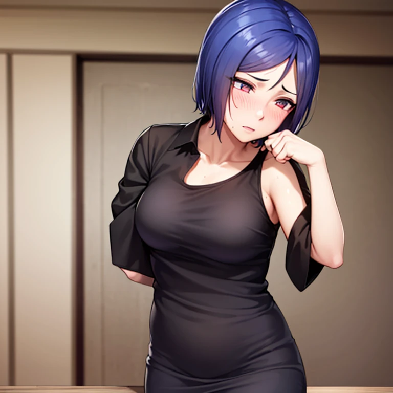 (woman), blush, Ahegao, white skin, smooth white thighs, Sheer blouse, tight mini skirt,  beautiful face, chest, sweating, sexy, highest quality,8K quality,stand pose, (background: In front of the desk in the office)、blue hair、short