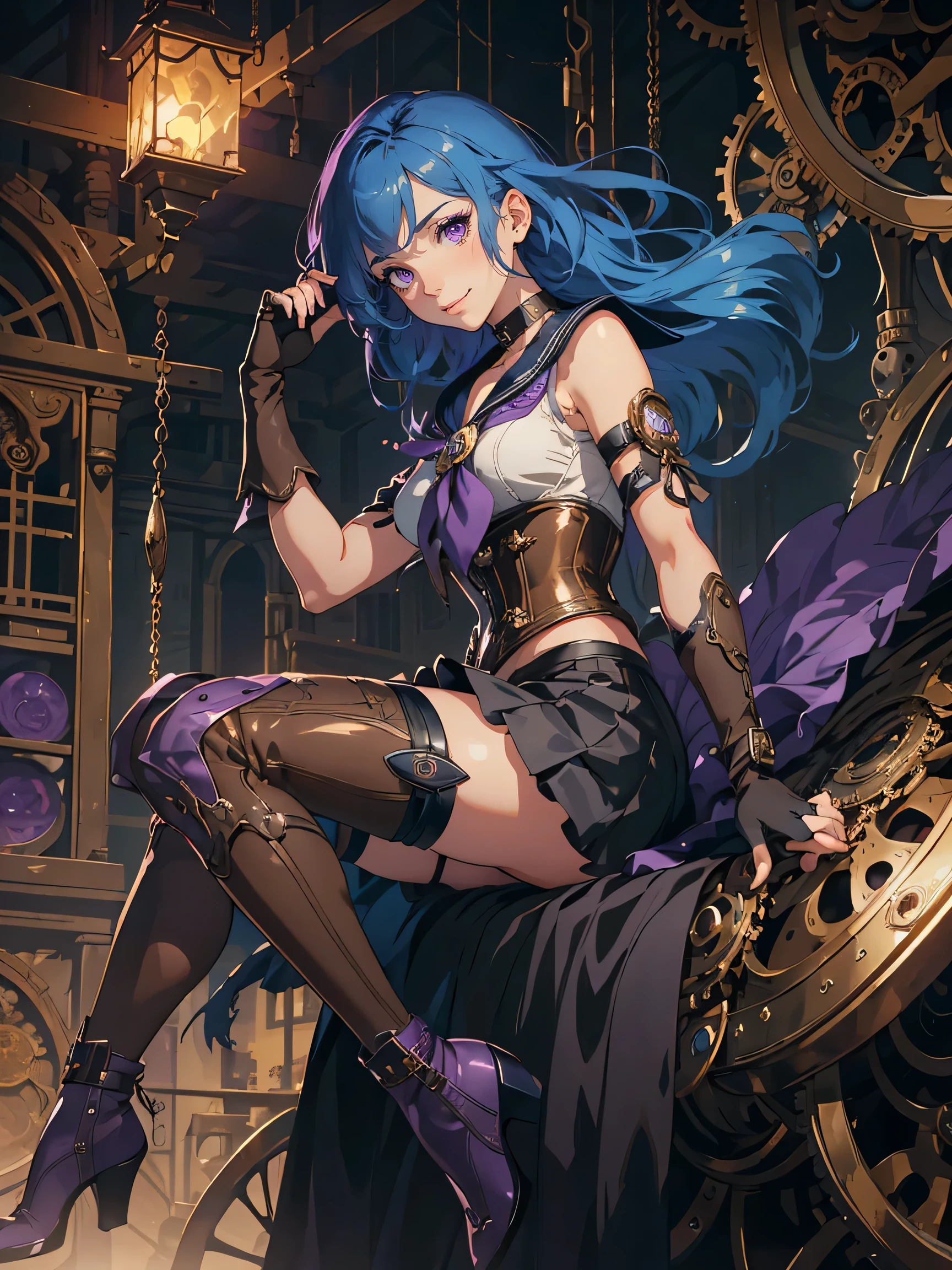 masterpiece, high quality, illustration, extremely detailed, steampunk town, wearing on street, 1_women, (bright blue hair), medium length hair, cute bangs, flowing hair, (exotic skin_complexion:1.4),mature, tall, beautiful, exotic, elegant, slim, (((sailor collar))), black thigh highs, choker, medium bust, (brown steampunk corset), black ta style skirt, knee high brown boots with laces, black elegant elbow gloves, diamond shaped eyes, (((purple eyes))), dark_eyeliner, long_eyelashes), natural dynamic lighting, smiling, happy, steampunk,