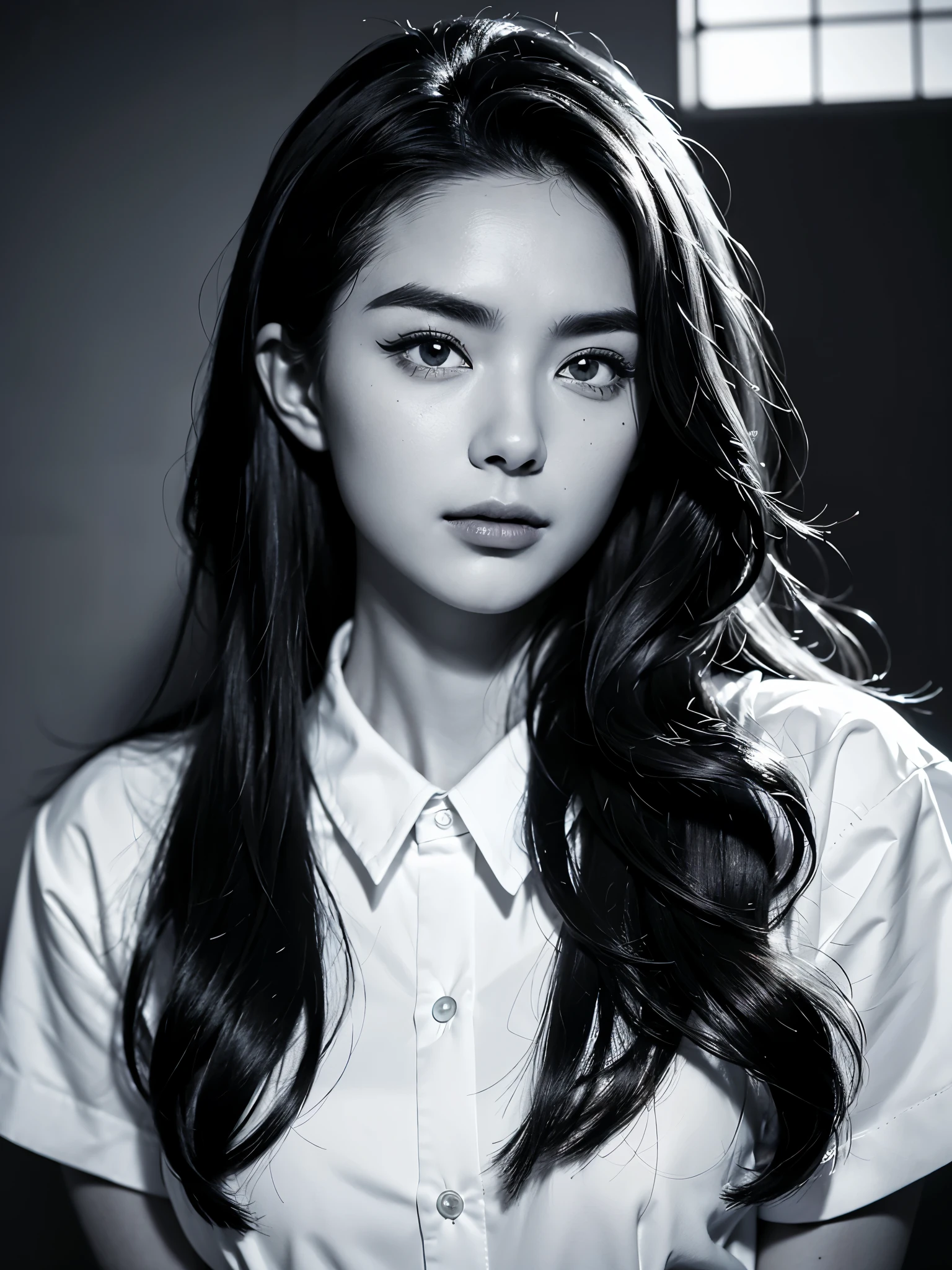 (A black and white close-up of a wild beauty wearing a white shirt), with messy and fluffy middle hair, very fluffy and full hair on the top of the head, (slightly lowered: 1.0), (slender and small eyes: 1.30), a young and wild Asian face, (closed mouth and pursed laughter: 0.90), fox like eyes half squinted, squinting slightly upward at the corners of the eyes, slightly narrowed slender eyes, like fox eyes, thick straight eyebrows, eyebrows high with sharp edges, Straight nose, (slightly square chin: 0.65), lazy expression, somewhat like Vivian Leigh, perfect face, fair skin, tsurim, torogao,
Black and white close-up, anime style, contrast between light and dark, denim lens, ultra-high definition, masterpiece, accuracy, textured skin, super detail, high detail, high quality, award winning, best quality, advanced, 16k,