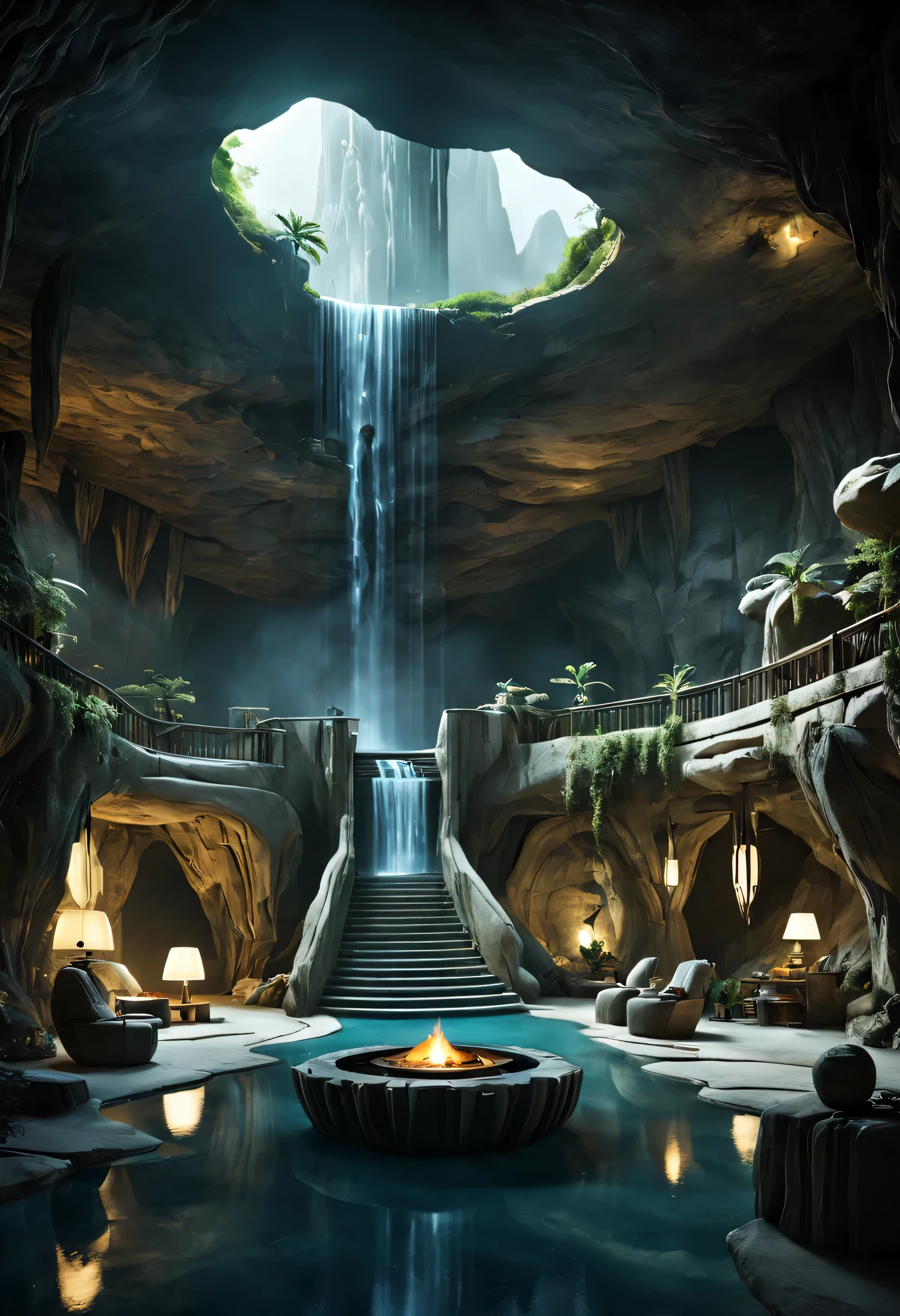 地下cave樓梯.Have a leisure space,Room with waterfall, fantasy setting, Luxurious environment, 地下cave环境, In a futuristic desert palace, 美丽的奇幻cave场景, futuristic setting, A cozy space hidden in a cave,Surreal sci-fi set design and various leisure equipment, Inside a cave, Beautiful aesthetic design, star wars setting, cave, Inside a cave, cave镇, cave环境照明