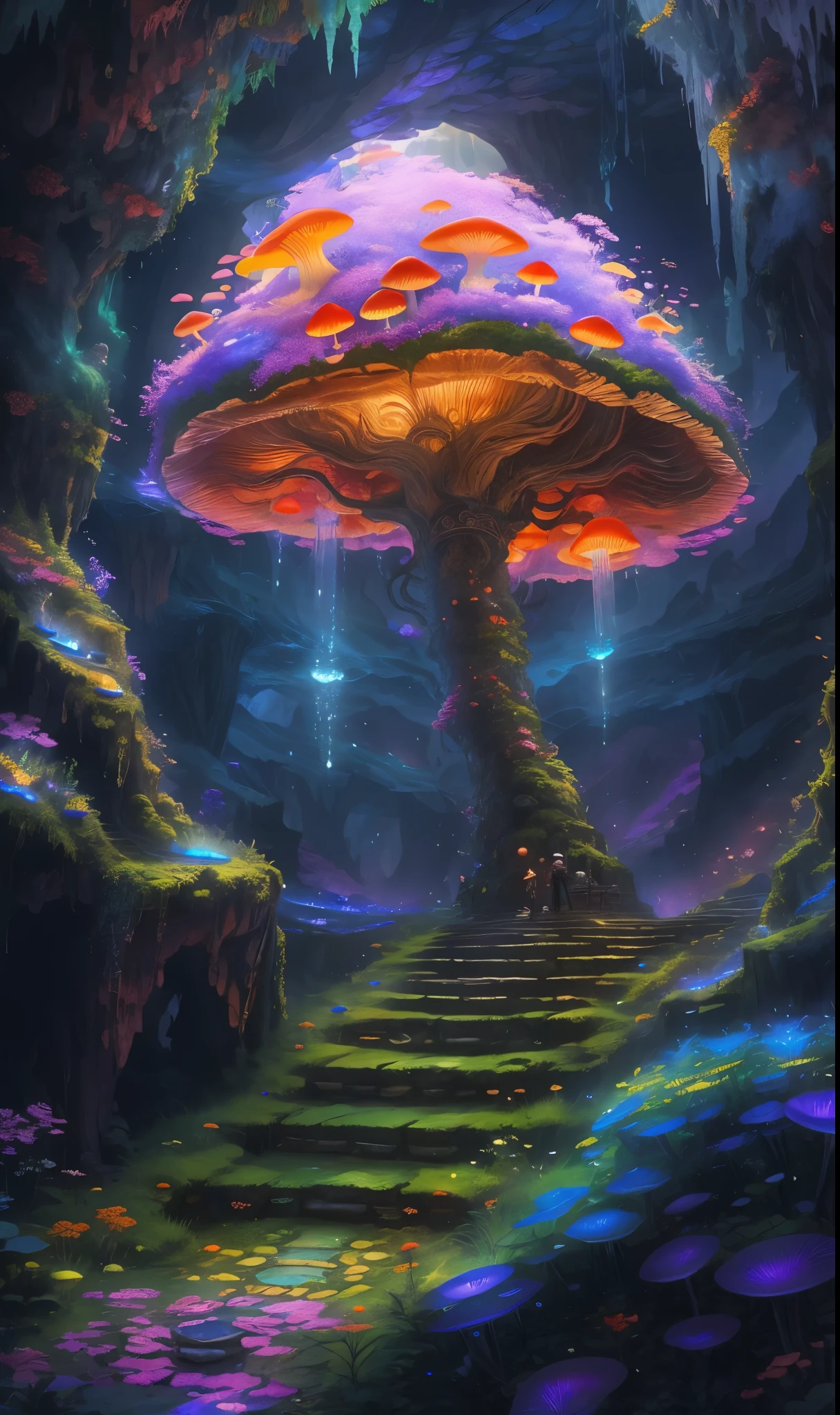 Super detailed，4K，8K，high resolution，masterpiece。a boy，in underground wonders，Discover glowing mushrooms and stalactite crystals，Fantasy colors all around，He is in a mysterious and adventurous mood，Explore this dreamy place，Feel the wonder of the underground world。