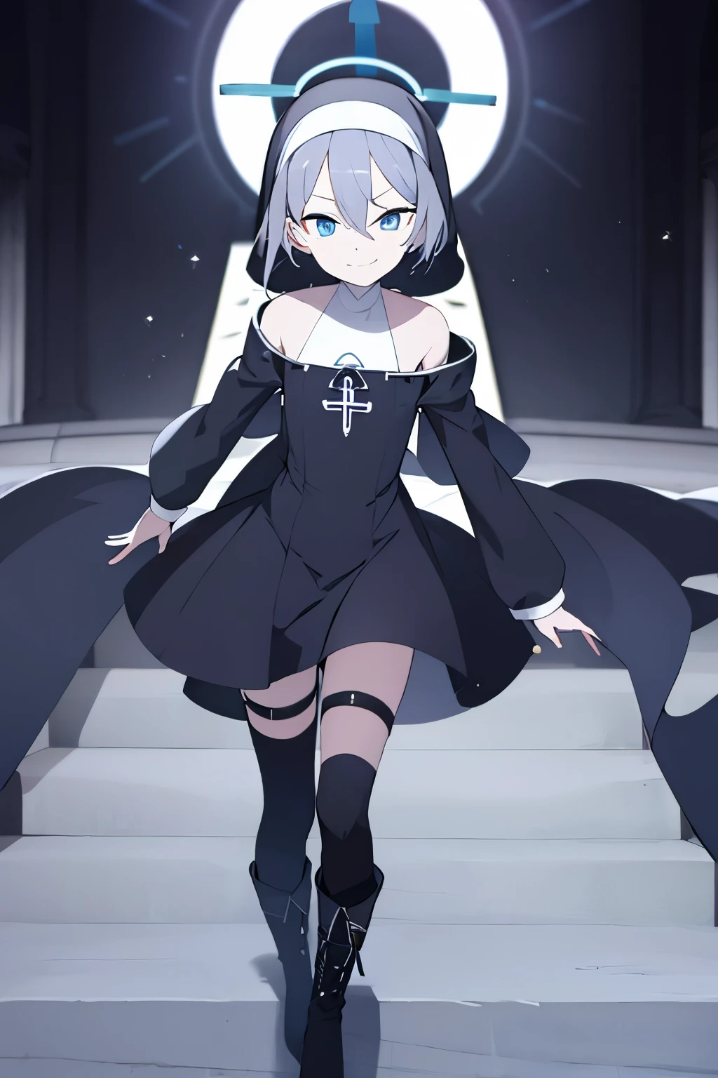 Black nun dress，Gray hair，blue eyes，smirk，short hair，halo，leg straps，Off the shoulders，boots，individual