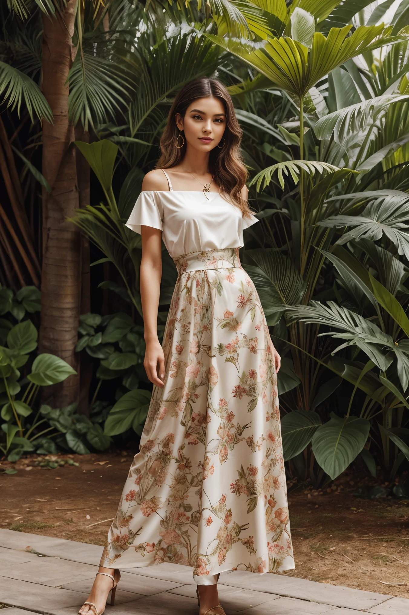 Generate a fashion concept inspired by the elegance of botanical elements. Envision clothing designs that incorporate floral patterns, organic textures, and natural color palettes. Consider how this collection captures the essence of nature in a sophisticated and wearable way