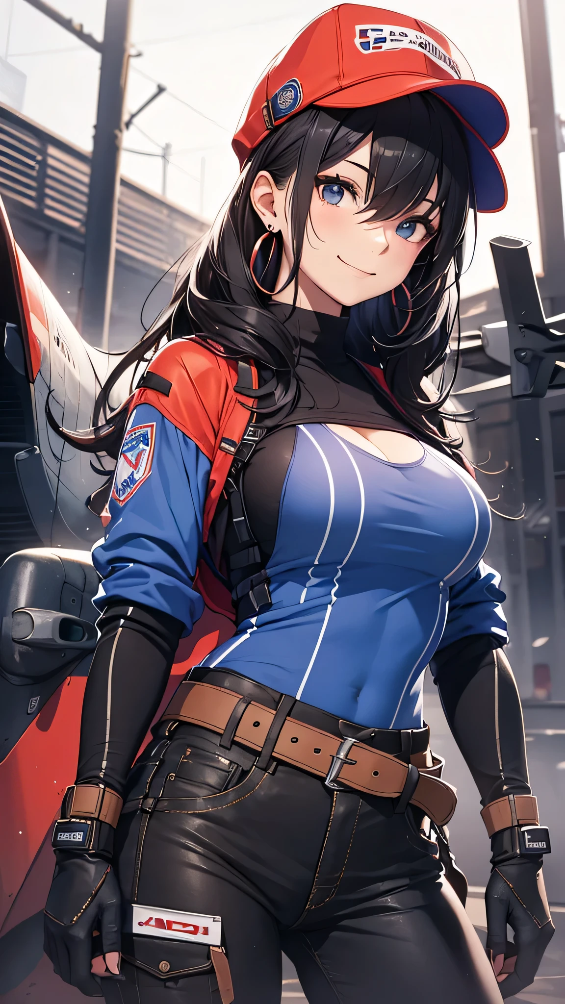 最high quality、best image quality、masterpiece、teenage girl((18-year-old、 By becoming、vest bust、medium bust,wide open breast tea、black eye, black hair、long hair、thin,highest valley、Perforated gloves、blue earrings、bandana、black stretch work clothes、red work pants、have work tools、the whole body gets dirty、At work、cute smile、sweating、wrap the jacket around your waist、blue cap hat、Random movement)),high quality、beautiful art、background((fighter jet、hangar)),debris flies、Depth of written boundary、movie、visual art、perfect art、8K,genuine