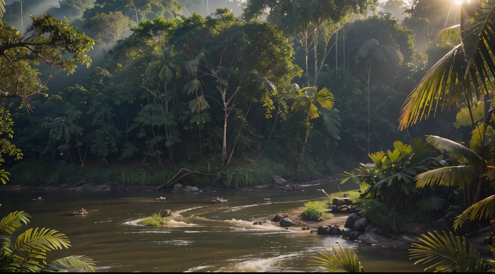 Mekong River, In the jungles of Vietnam, (Vietnam War:1.3), At dawn, with Realistic textures, Ultra HD, Realistic, bright colors, high detail, Perfect composition, from above, Beautiful detailed, difficult, insanely detailed, Octane render, Art station trend, 8K Fine Art Photography, photoRealistic concept art, soft natural volumetric cinematic perfect light