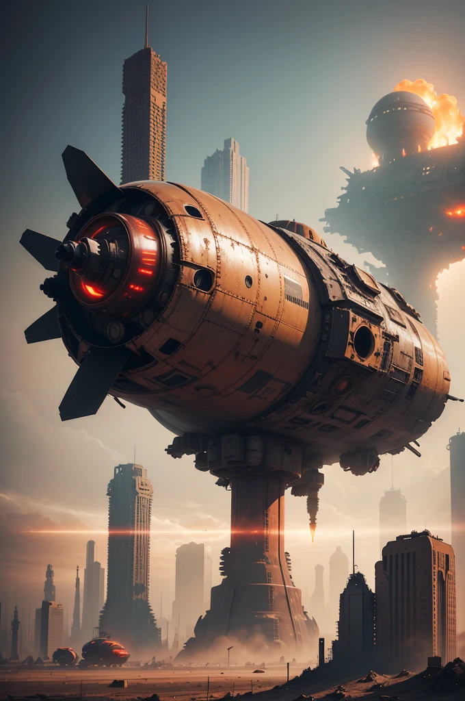 A wasteland-style spaceship,Explode in the air,The engine smoked black,The ship is surrounded by a group of small red wasteland-style aircraft,The background is an abandoned city,Towering industrial towers are everywhere and there is some withered vegetation,The storm swept through,Mist light,Low saturation,Lens type,Unreal Engine,trending on artstation