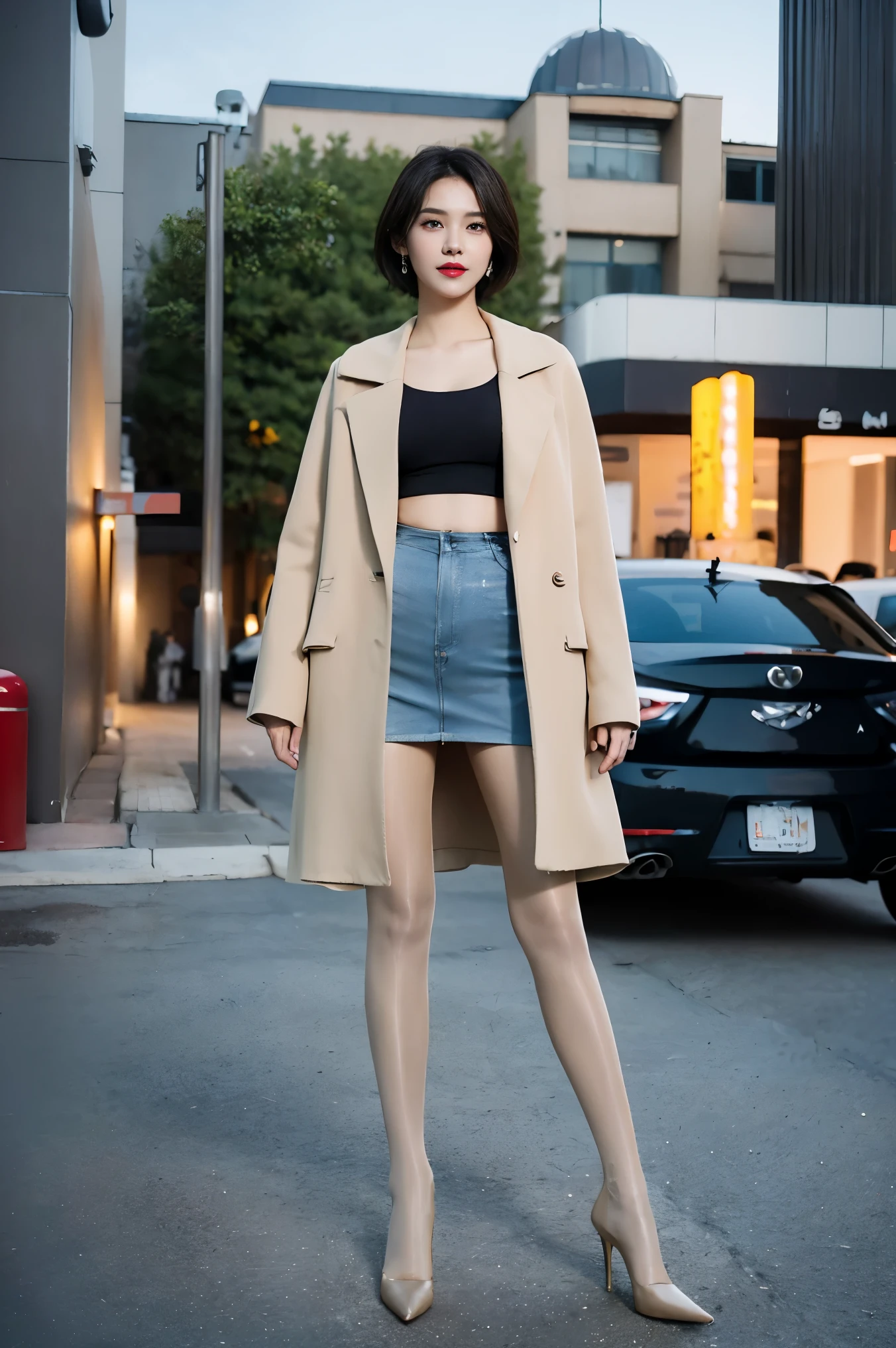 best quality, 4K, 8k, Detailed faces, clear face, full-body shot，beautiful girl, Korean makeup, red lips, smilingly, Perfect body,shoulder-length short hair,small,Leg length,Slim,thin, girl wearing long and wide coat, Under the jacket is the top tube and tying, lower abdomen, Winters, street,skin tone，High heel