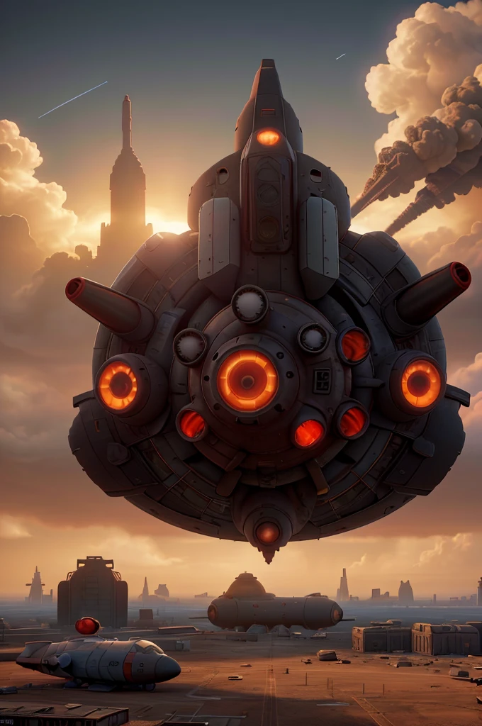 A wasteland-style spaceship,Explode in the air,The engine smoked black,The ship is surrounded by a group of small red wasteland-style aircraft,The background is an abandoned city,Towering industrial towers are everywhere and there is some withered vegetation,The storm swept through,Mist light,Low saturation,Lens type,Unreal Engine,trending on artstation