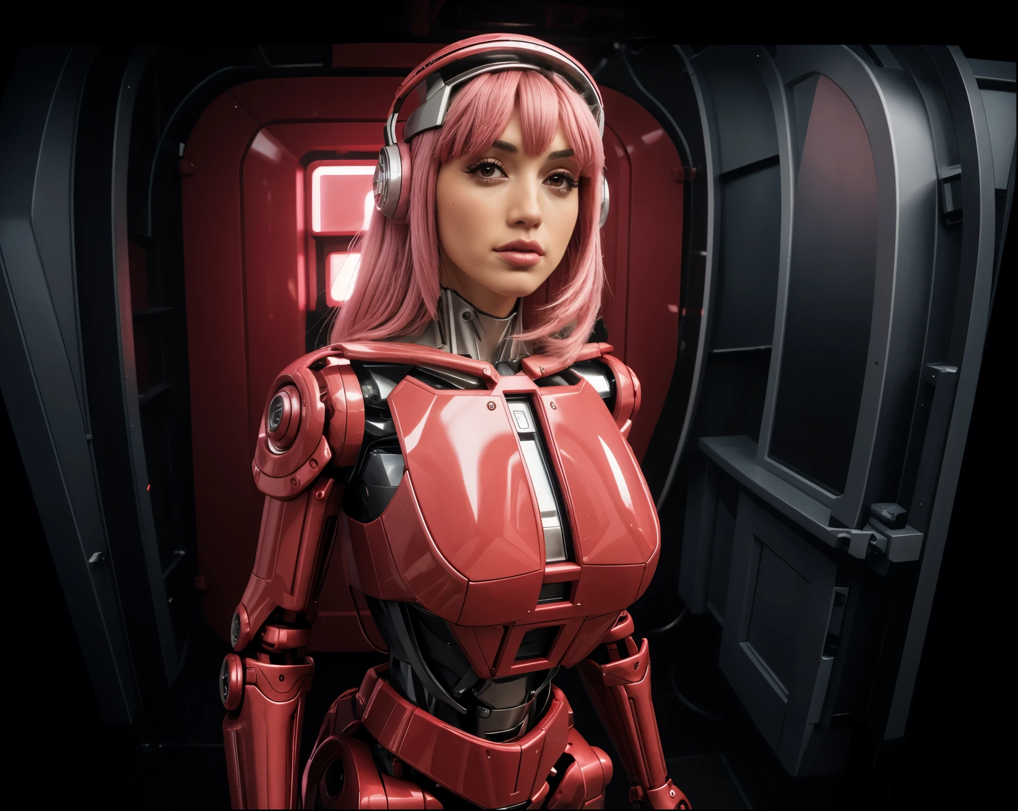 fisheye view, door fisheye pov, grand angular, ana de armas as your cosplayer girlfriend, using a robot suit, larger breasts, ana de armas, silver suit, crhome shinny skin, mechanical joints, medium straight hair, pink pastel hair, blunt bangs , parted lips , mecha musume, futuristic headset, stand up, await comands position, condo corridor, window on the left side, elevator door on background, thicc body, small height