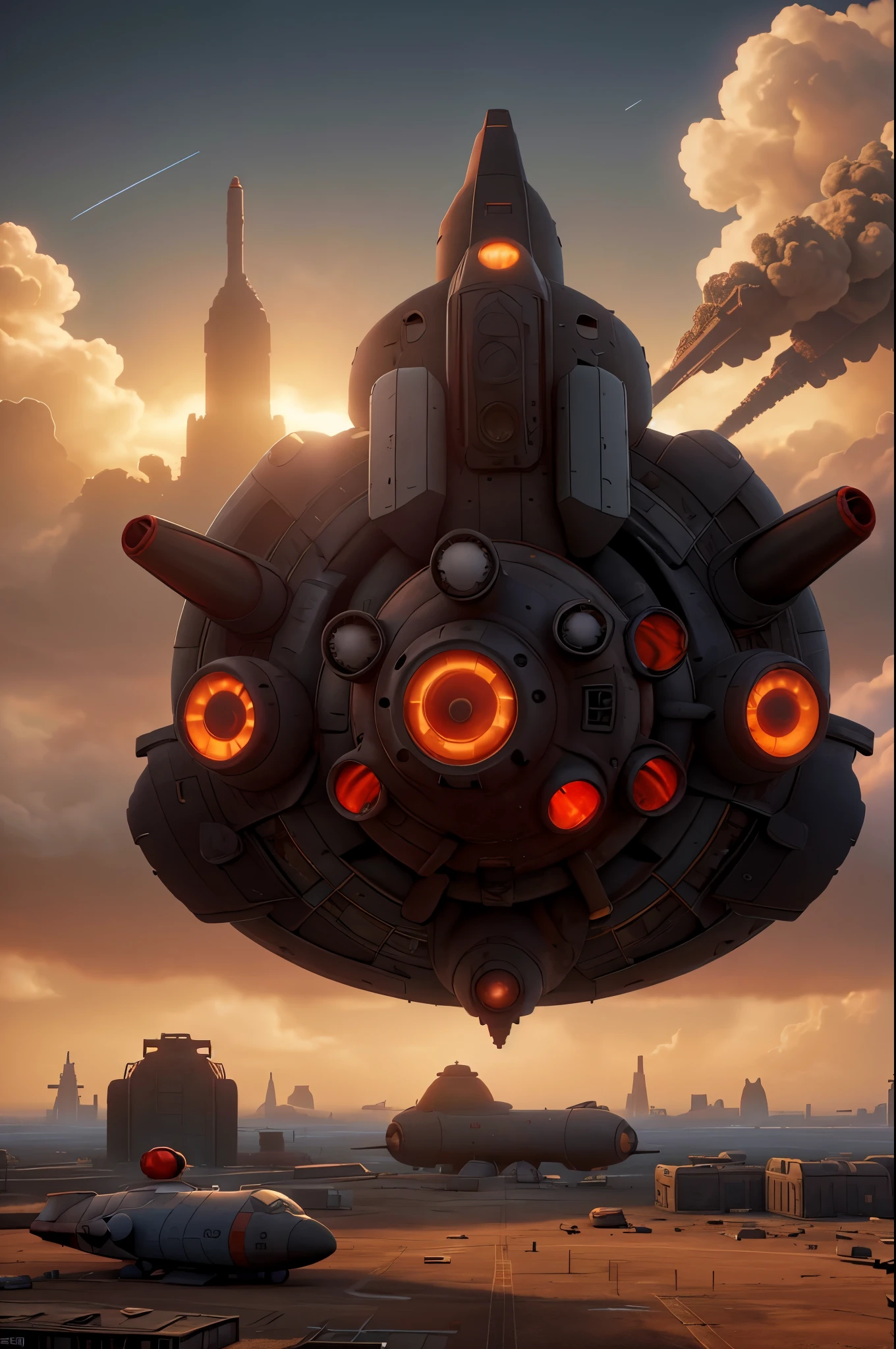 A wasteland-style spaceship,Explode in the air,The engine smoked black,The ship is surrounded by a group of small red wasteland-style aircraft,The background is an abandoned city,Towering industrial towers are everywhere and there is some withered vegetation,The storm swept through,Mist light,Low saturation,Lens type,Unreal Engine,trending on artstation