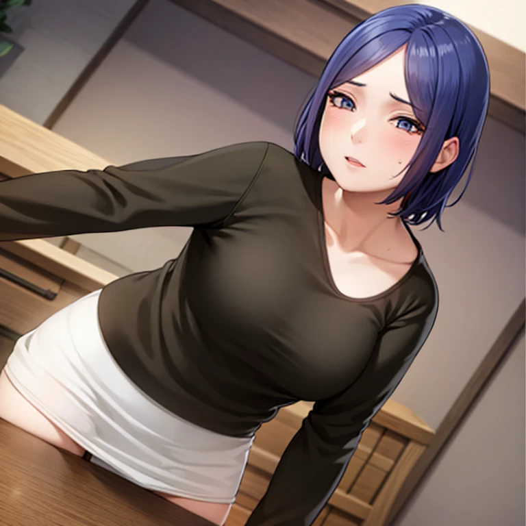 (woman), blush, Ahegao, white skin, smooth white thighs, Sheer blouse, tight mini skirt,  beautiful face, chest, sweating, sexy, highest quality,8K quality,stand pose, (background: In front of the desk in the office)、blue hair、short