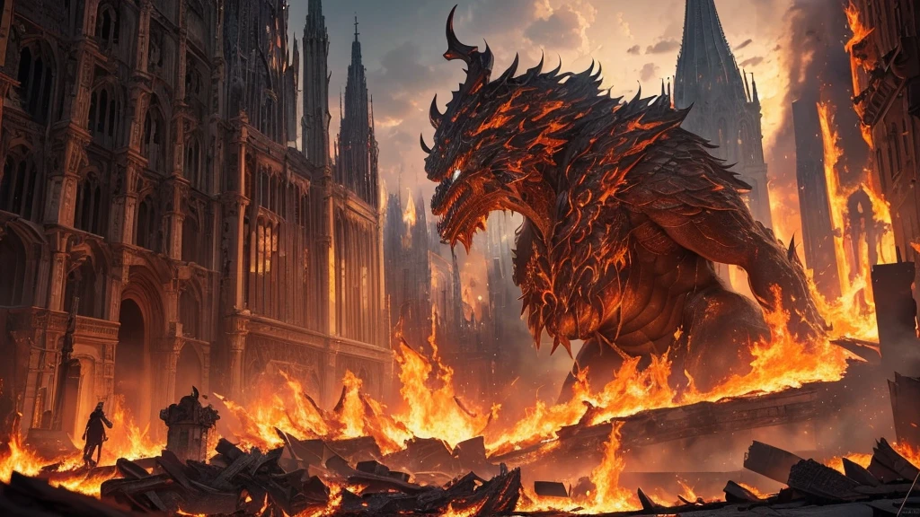 (in 8K, RAW Photos, top-quality, masterpiece:1.2), (realisitic, Photorealsitic:1.37), ultra-detailliert, high resolution, Huge Monster and sexy sorceress, building crumbling, Burning flame, stunningly beautiful face, dynamic ungle