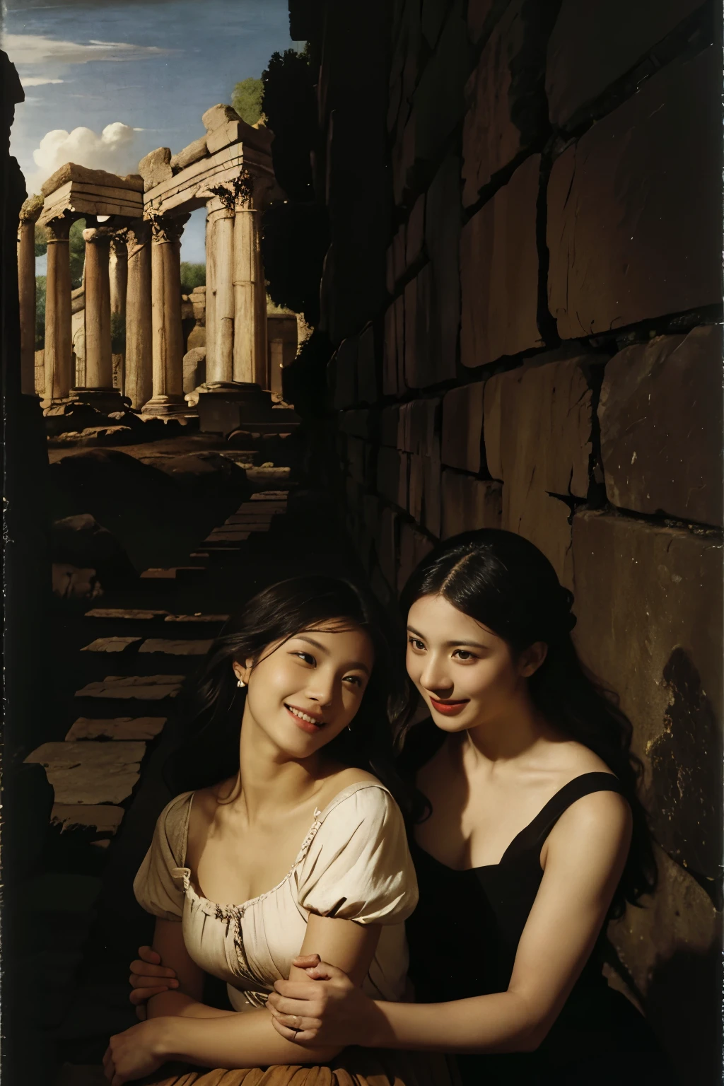 Ancient Roman ruins,landscape in the style of Poussin,A smile,Sweet and seductive appearance.Chiaroscuro of Caravaggio、Hair disheveled in the wind,Two women frolicking,Cute smile, Expression of ecstasy,A sexy,erotick