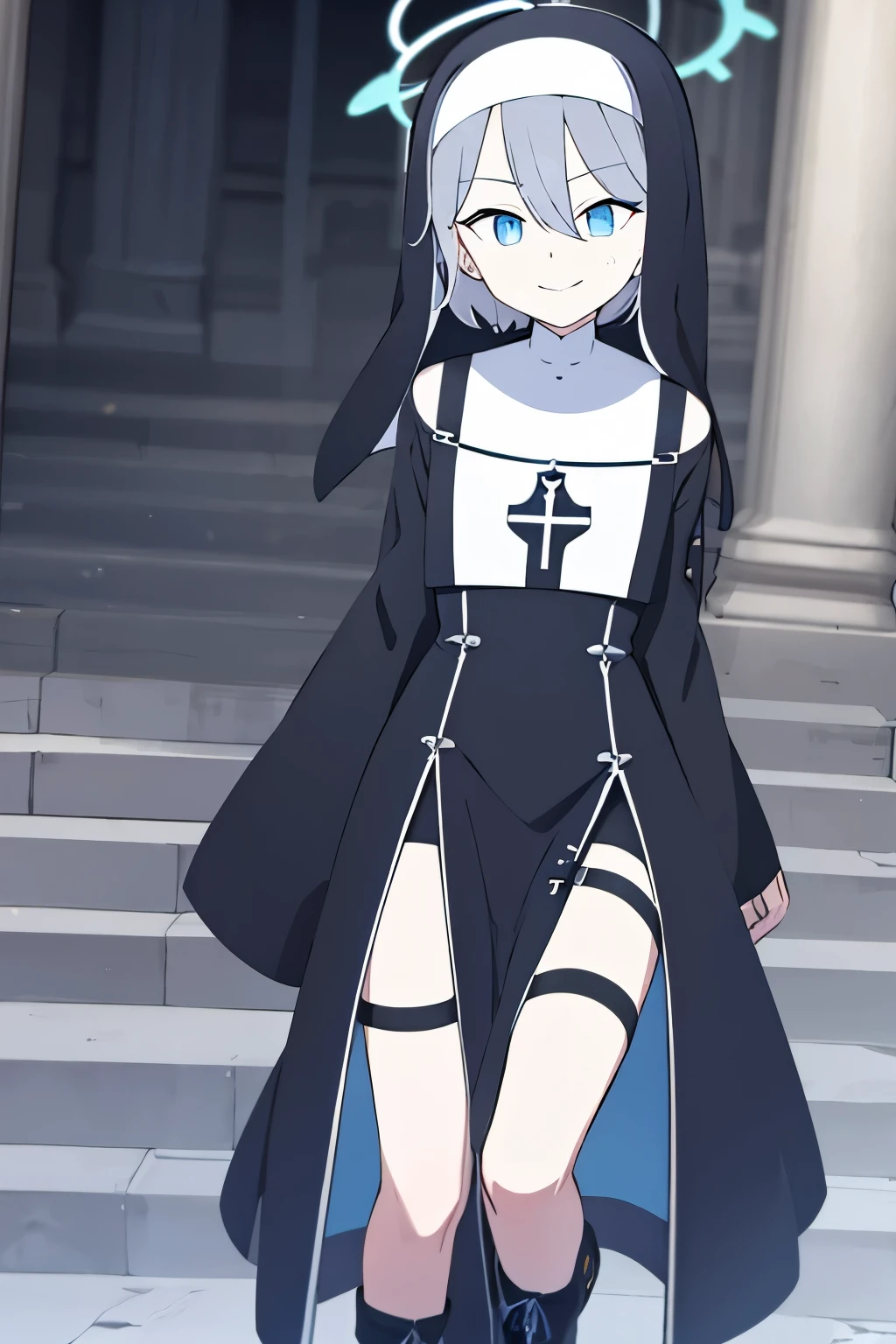 Black nun dress，Gray hair，blue eyes，smirk，short hair，halo，leg straps，Off the shoulders，boots，individual