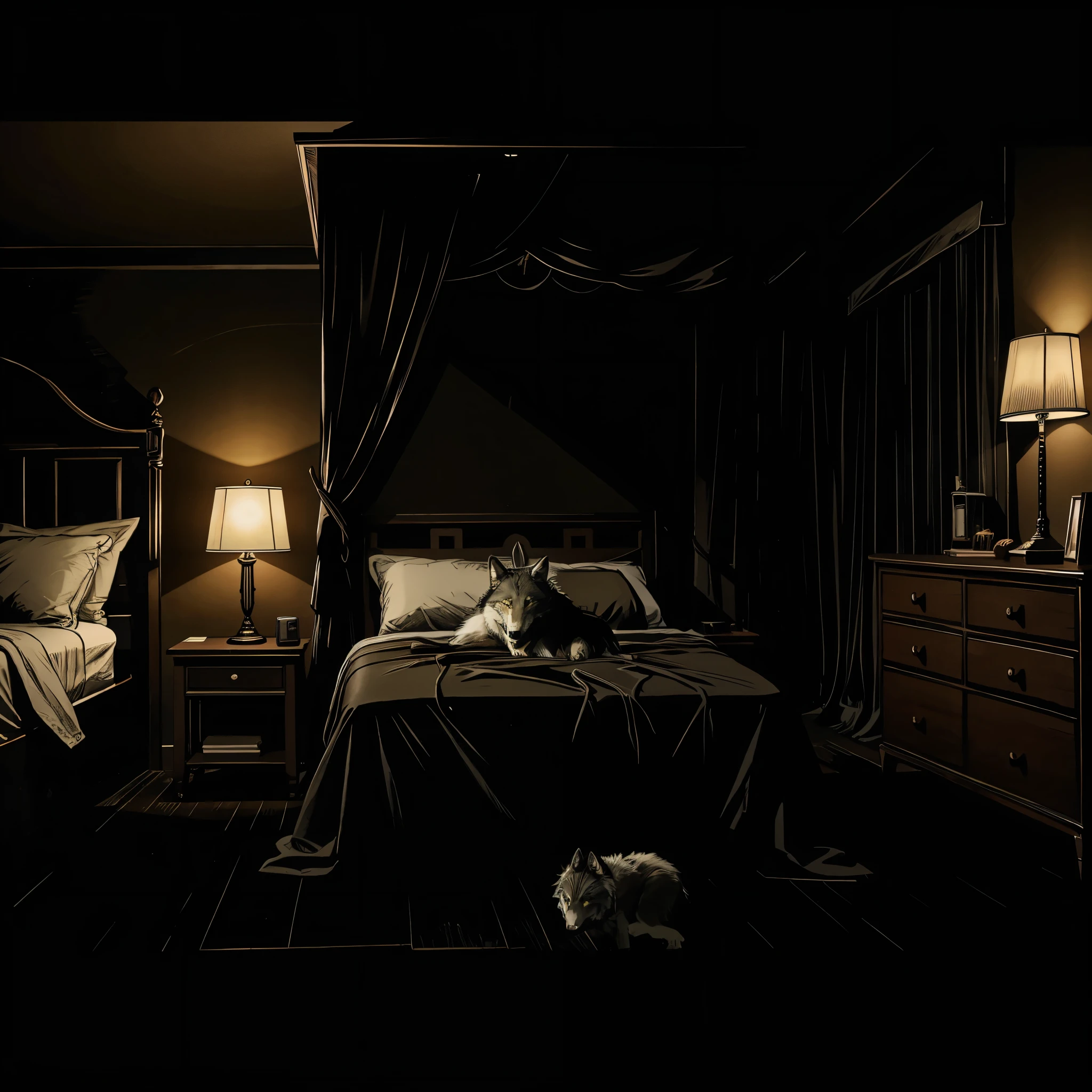 a loneliness wolf in the darker bedroom