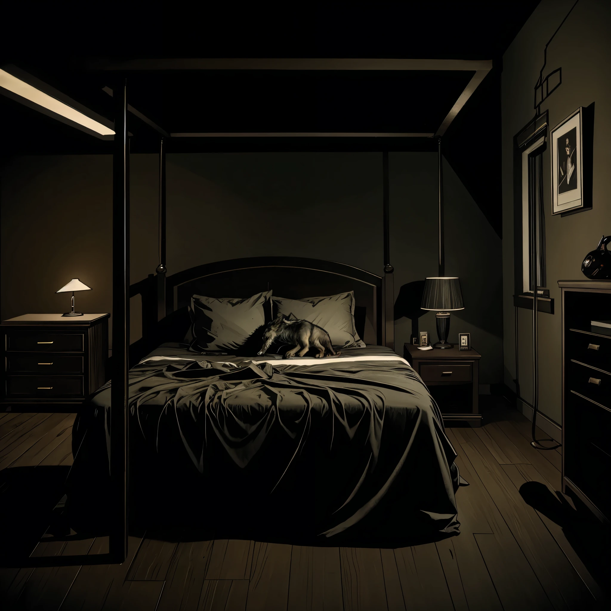 a loneliness wolf in the darker bedroom